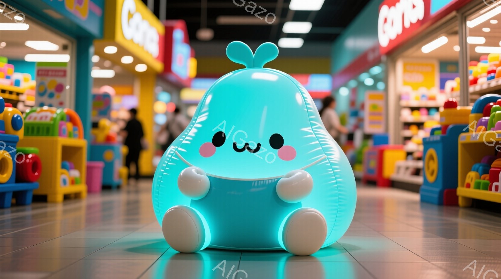 明るいおもちゃ屋で、丸い青色の風船のようなキャラクターが座っています。大きな瞳と控えめな笑顔が特徴で、可愛らしい印象を与えます。背景には色とりどりの玩具が並び、子供向けの楽しい雰囲気が漂っています。