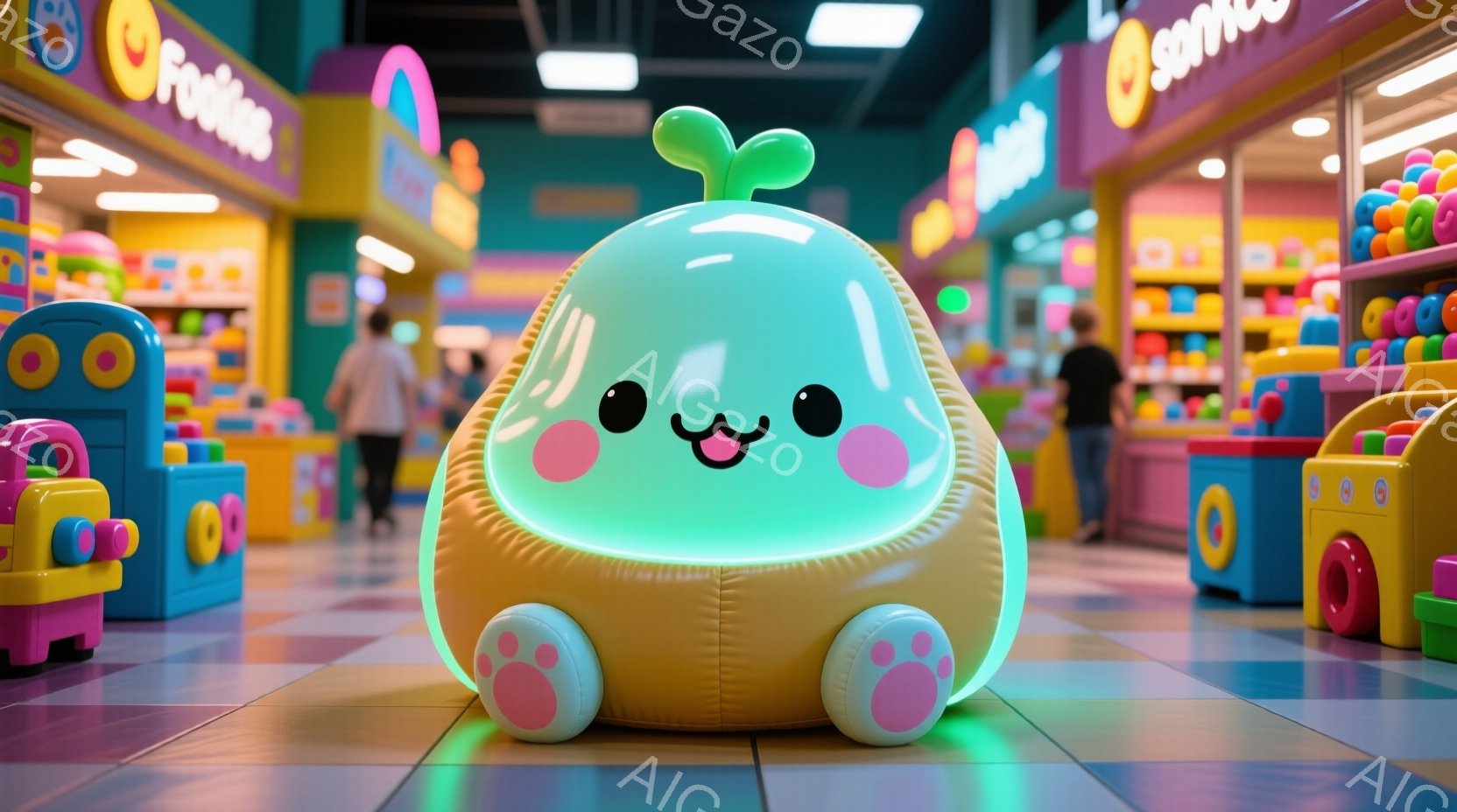 鮮やかなピンク色の床に、かわいらしい緑色の植物のようなキャラクターが立っている。このキャラクターは丸みを帯びた体をしており、大きな瞳と愛らしい笑顔が特徴で、下には小さな足がついている。背景には、カラフ - AI生成フリー素材