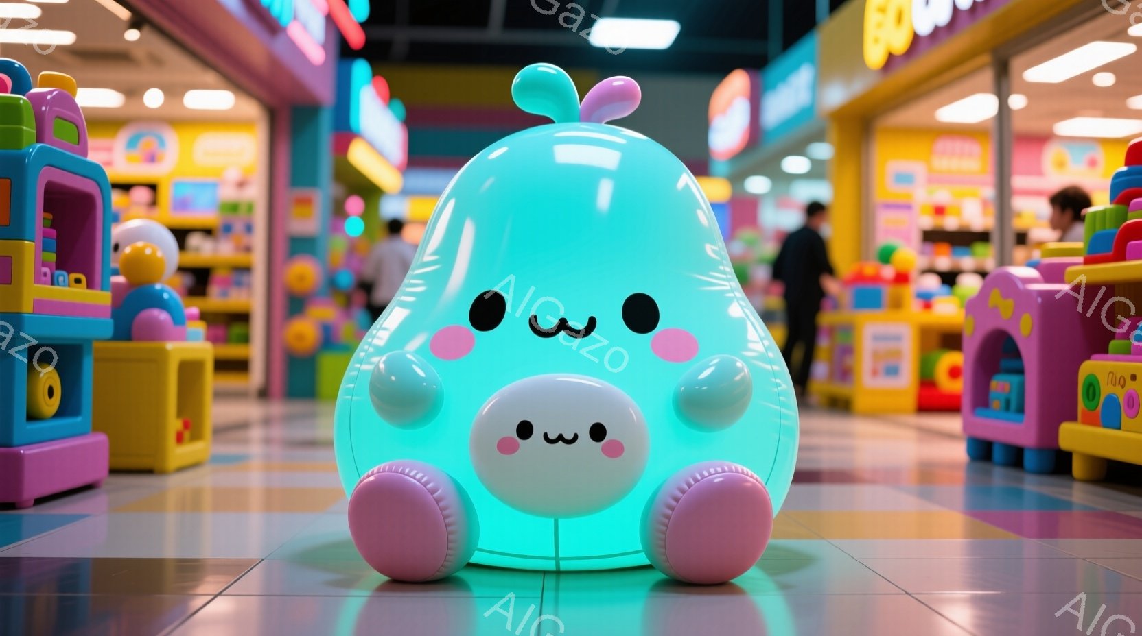 明るいピンクと紫色の玩具店で、かわいらしい丸いピンク色のキャラクターが座っています。大きなつぶらな瞳と赤い頬を持ち、上には小さなピンクの角が生えています。背景にはカラフルな玩具が並び、店内の照明が暖かく、楽しい雰囲気を醸し出しています。