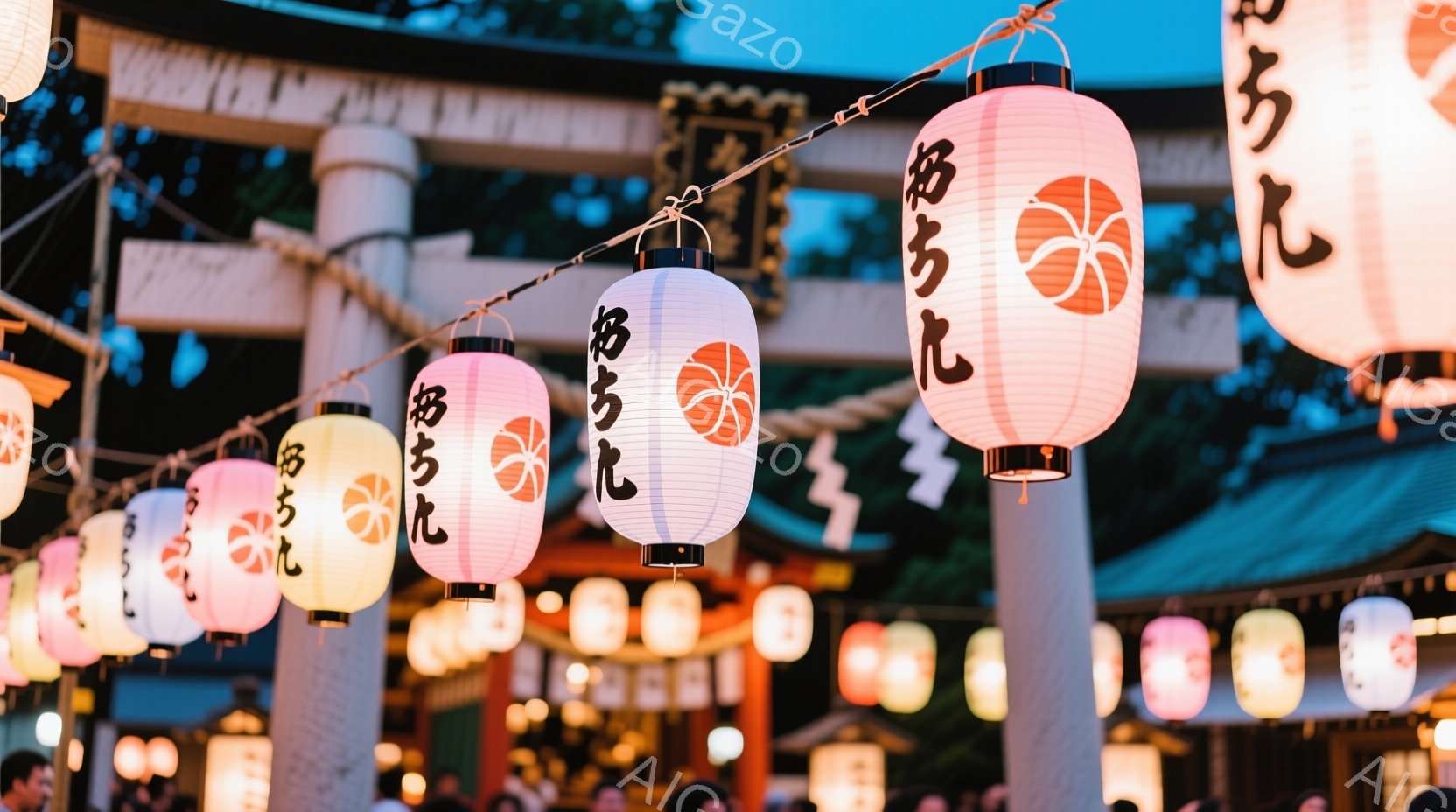 This image captures a vibrant scene at a temple gate. The focal point is the traditional Japanese lanterns, each displaying different colored lights and decorated with the word "temple" in both English and Japanese characters. These lanterns are suspended above, creating a festive and serene atmosphere that seems to be welcoming visitors. In the background, there's a wooden structure typical of traditional Japanese architecture, enhancing the cultural ambiance of the setting. The overall impression is one of tranquility and cultural richness.