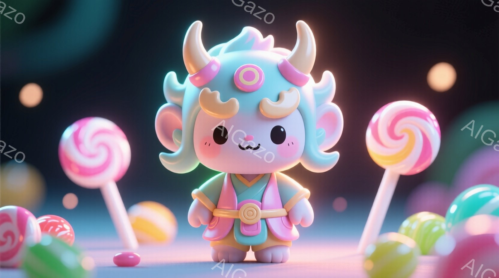 可愛らしい白いユニコーンのようなキャラクターが、パステルカラーの衣装を身につけて立っている様子を描いています。ユニコーンは、巻き毛のような髪型に、ピンクと黄色の装飾が施された頭飾りをつけており、穏やか - AI生成フリー素材