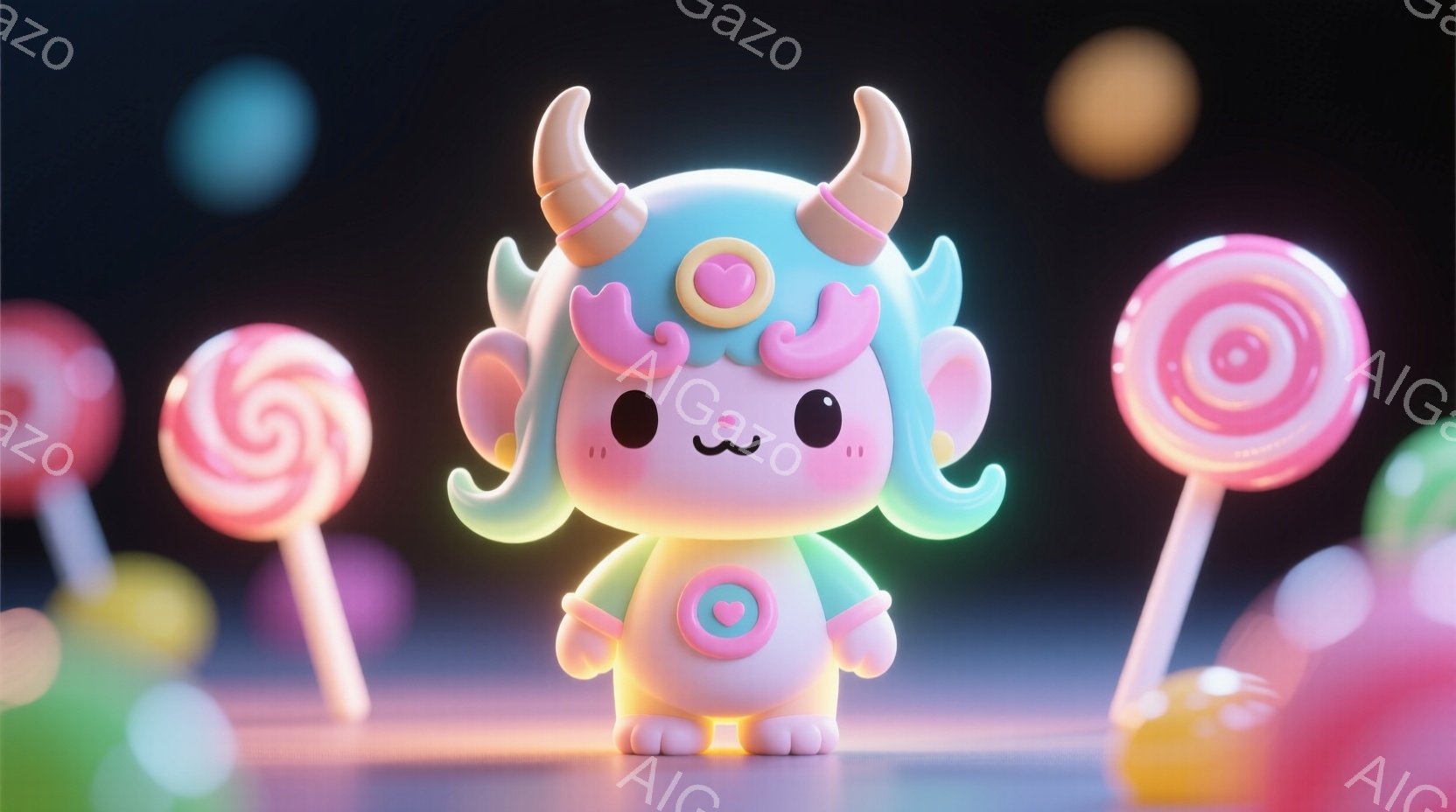 ふわふわとしたパステルカラーの生き物が、丸い身体に小さな手足、そして頭には愛らしい角とカールした髪型をしています。 全身が明るい光に包まれ、顔には穏やかな笑顔が浮かんでいます。 背景には色とりどりのキ - AI生成フリー素材