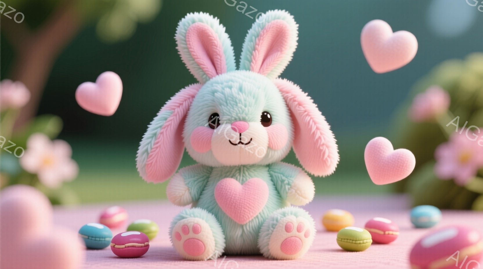 淡い水色のふわふわしたウサギのぬいぐるみは、ピンク色の大きなハートを抱きしめて座っています。ピンク色の内側が特徴的な長い耳と、可愛らしいピンク色の足裏が印象的です。背景には、ぼやけた花々と、カラフルな - AI生成フリー素材