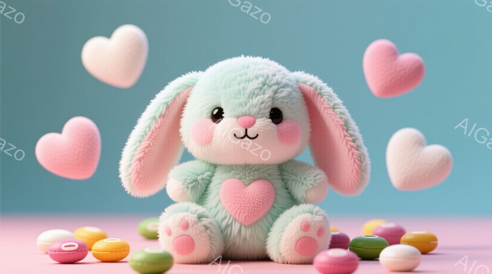 淡いミントグリーンのふわふわしたウサギのぬいぐるみを中心に、ピンク色のハート型のものが宙に浮かんでいます。ウサギはピンク色のハート型の足跡が描かれた白い足と、可愛らしい表情で、まるでマカロンのようなカ - AI生成フリー素材