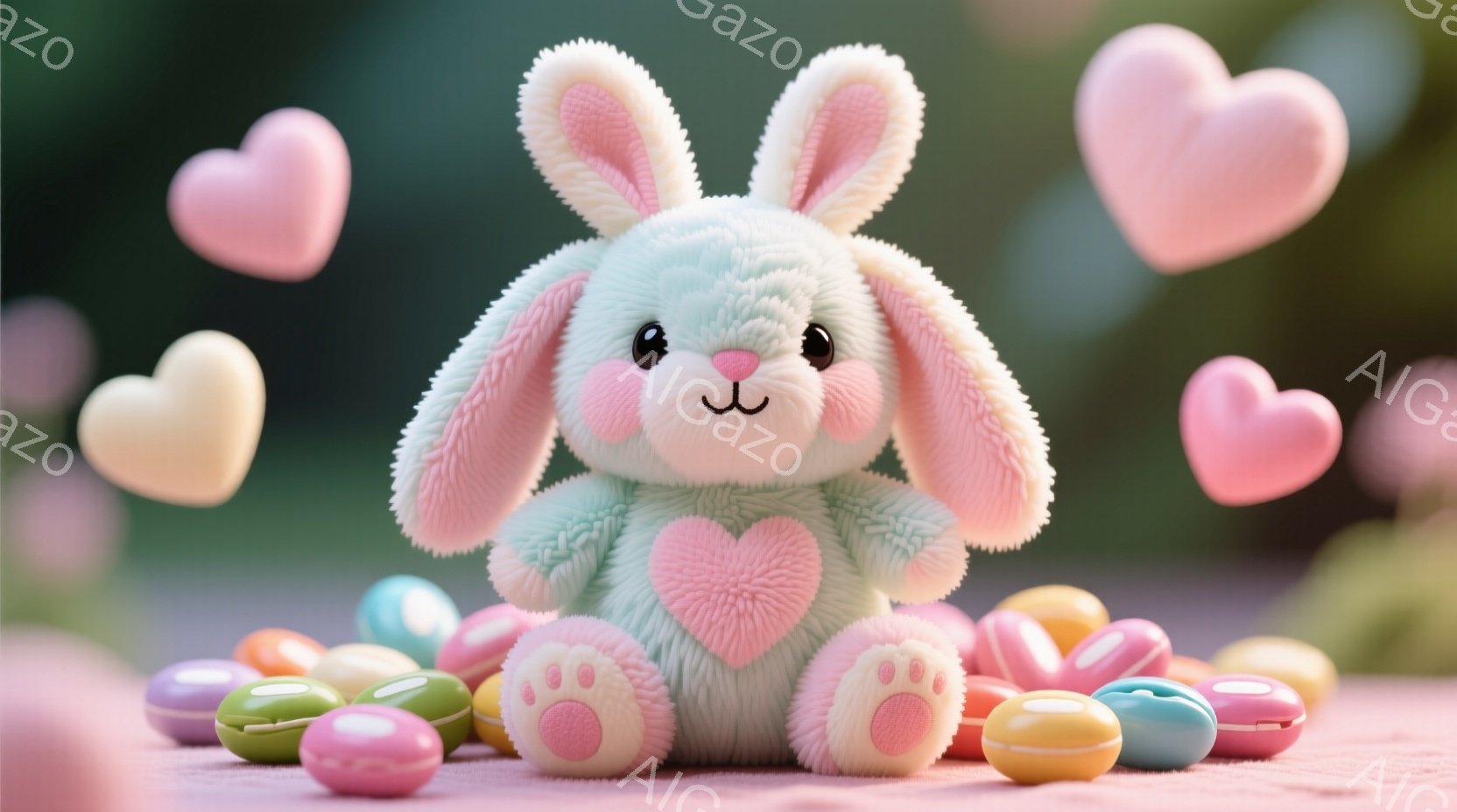 ふわふわのパステルグリーンのウサギのぬいぐるみは、ピンク色のハート型の模様が胸元にあり、可愛らしい表情をしています。足元にはカラフルな卵のようなお菓子が散りばめられ、背景にはぼやけた緑色の背景とピンク - AI生成フリー素材