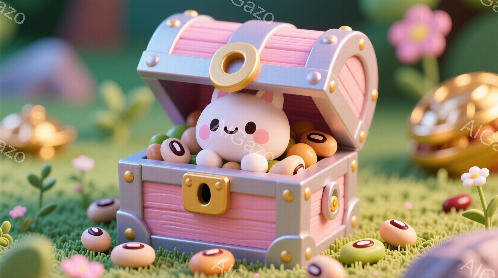 明るいピンク色の宝箱が、緑の芝生の上に開いています。箱の中には、白い丸いキャラクターがおり、周囲には茶色い豆のようなものが散らばっています。背景には、花や別の宝箱がぼんやりと見え、全体的に柔らかく可愛らしい雰囲気です。