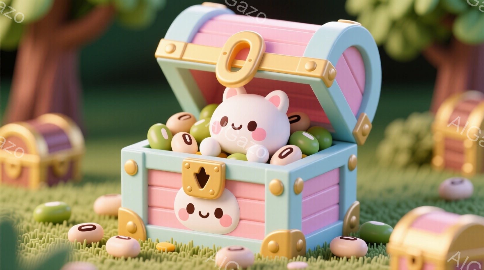 ピンクと水色の宝箱が、緑色の芝生の上に開いており、中には可愛らしい丸いキャラクターが数体入っています。キャラクターは、ピンク色で頬を赤らめ、つぶらな瞳で微笑んでおり、それぞれ異なる表情を見せています。背景には、同じく可愛らしいデザインの宝箱と、緑豊かな自然がぼんやりと見え、全体的に温かく、夢のような雰囲気を醸し出しています。