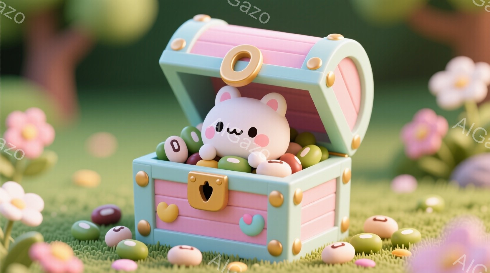 明るい緑の芝生の上に、ピンクとターコイズの宝箱が開いており、中に可愛らしいピンク色のウサギが丸まって座っています。ウサギはつぶらな瞳でこちらを見つめており、箱の周りには色とりどりの小さな豆が散らばって - AI生成フリー素材