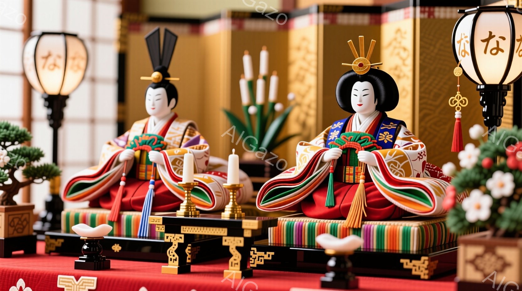 豪華な十二単をまとった女性の像が二体写っています。彼女たちは落ち着いた表情で、伝統的な日本の衣装を着て、静かに座っています。背景には、赤い敷物、蝋燭、そして花飾りがあり、祭りのような華やかな雰囲気を醸し出しています。