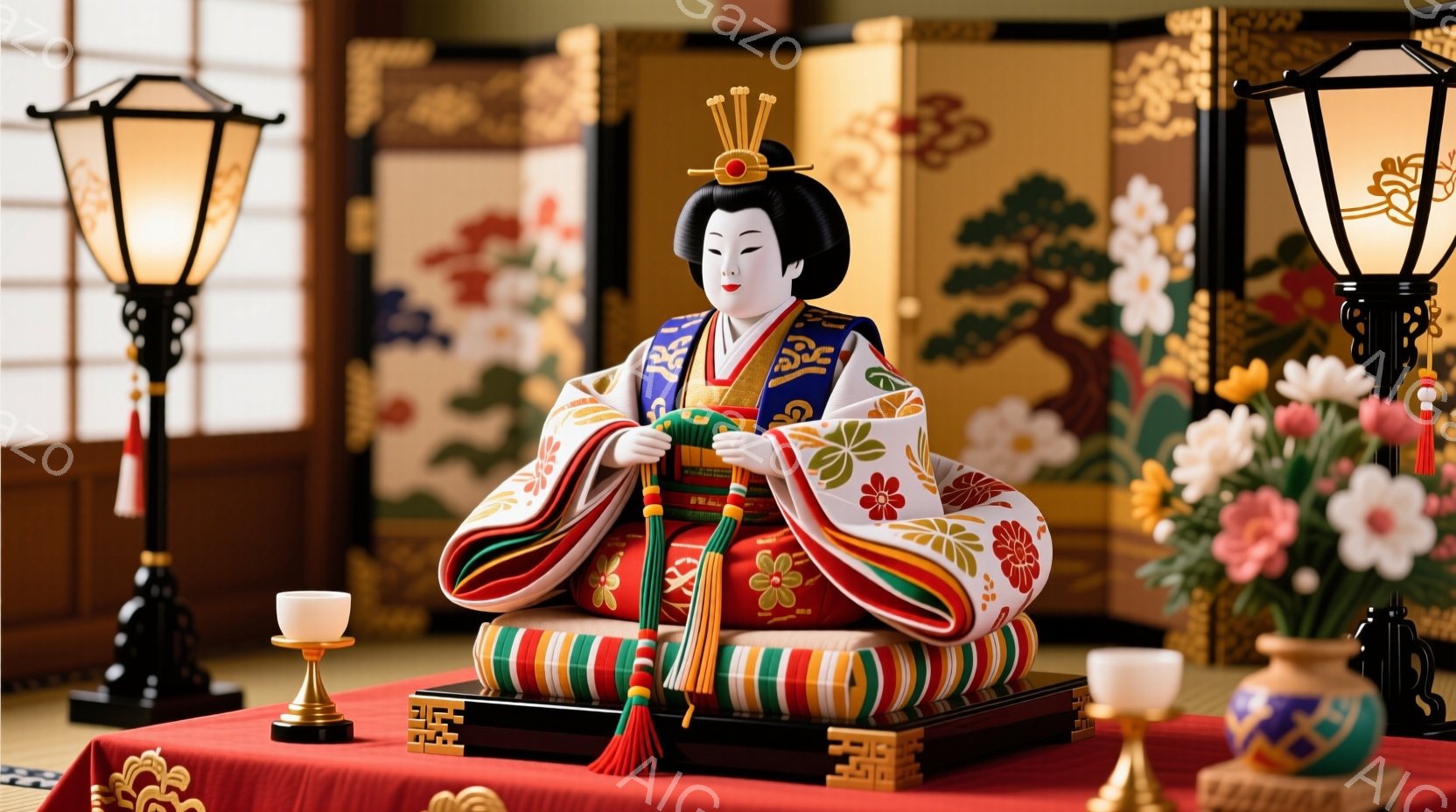 豪華な衣装を身につけた人形が写っています。人形は十二単（じゅうにひとえ）と呼ばれる伝統的な衣装を着ており、顔は白く塗り、髪型は高く結い上げられています。背景には、畳の上に置かれた花や蝋燭、そして金色の屏風がぼやけて写っており、お祝いの儀式のような厳かな雰囲気が漂っています。