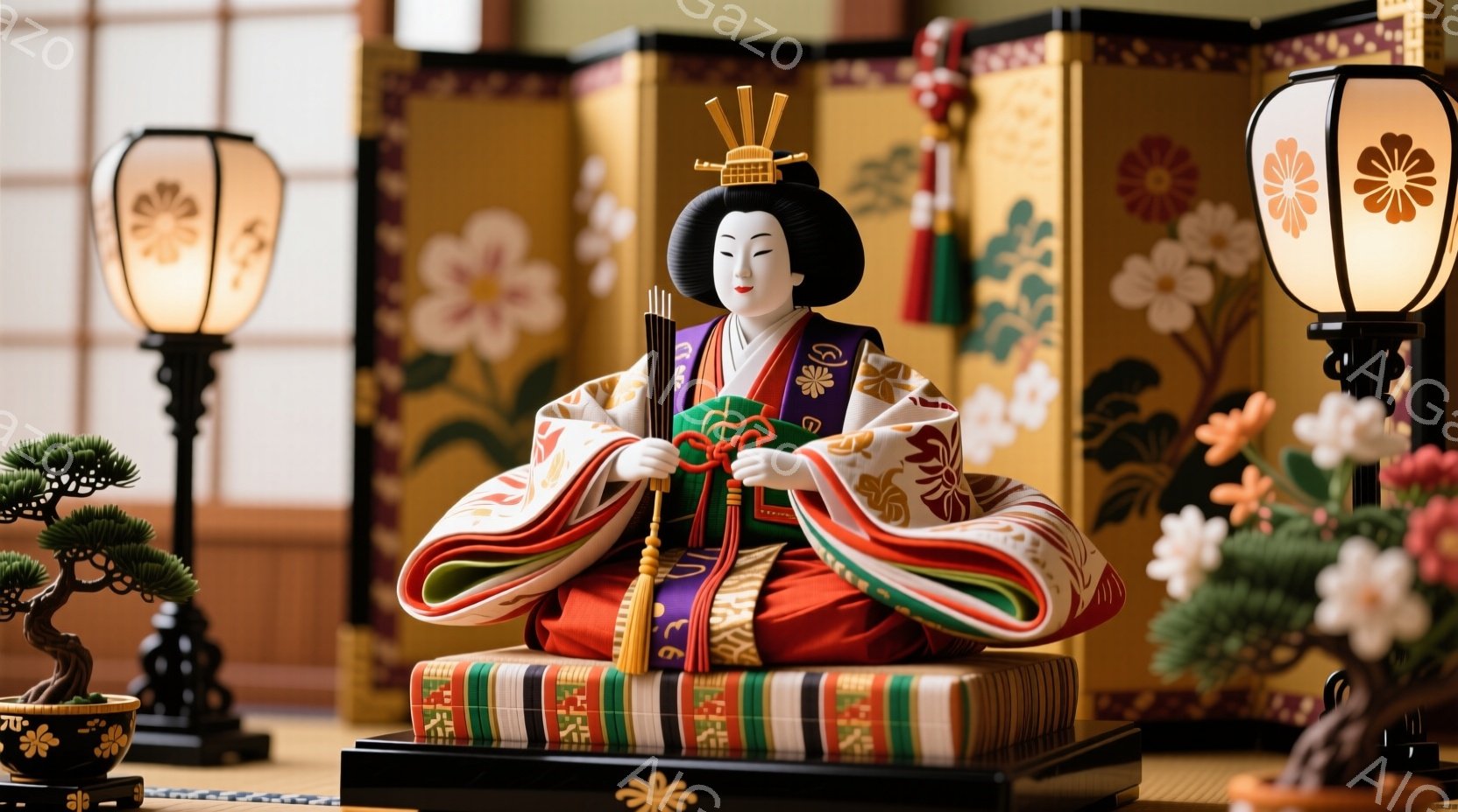明るい背景に、豪華な衣装を身につけた五節句の人形が描かれています。人形は、鮮やかなピンク、赤、金色の重ね着の衣装をまとい、黒髪に飾りをつけた、上品で静謐な表情をしています。背景には、桜の花や盆栽、そして提灯が配置され、華やかで伝統的な雰囲気を醸し出しています。