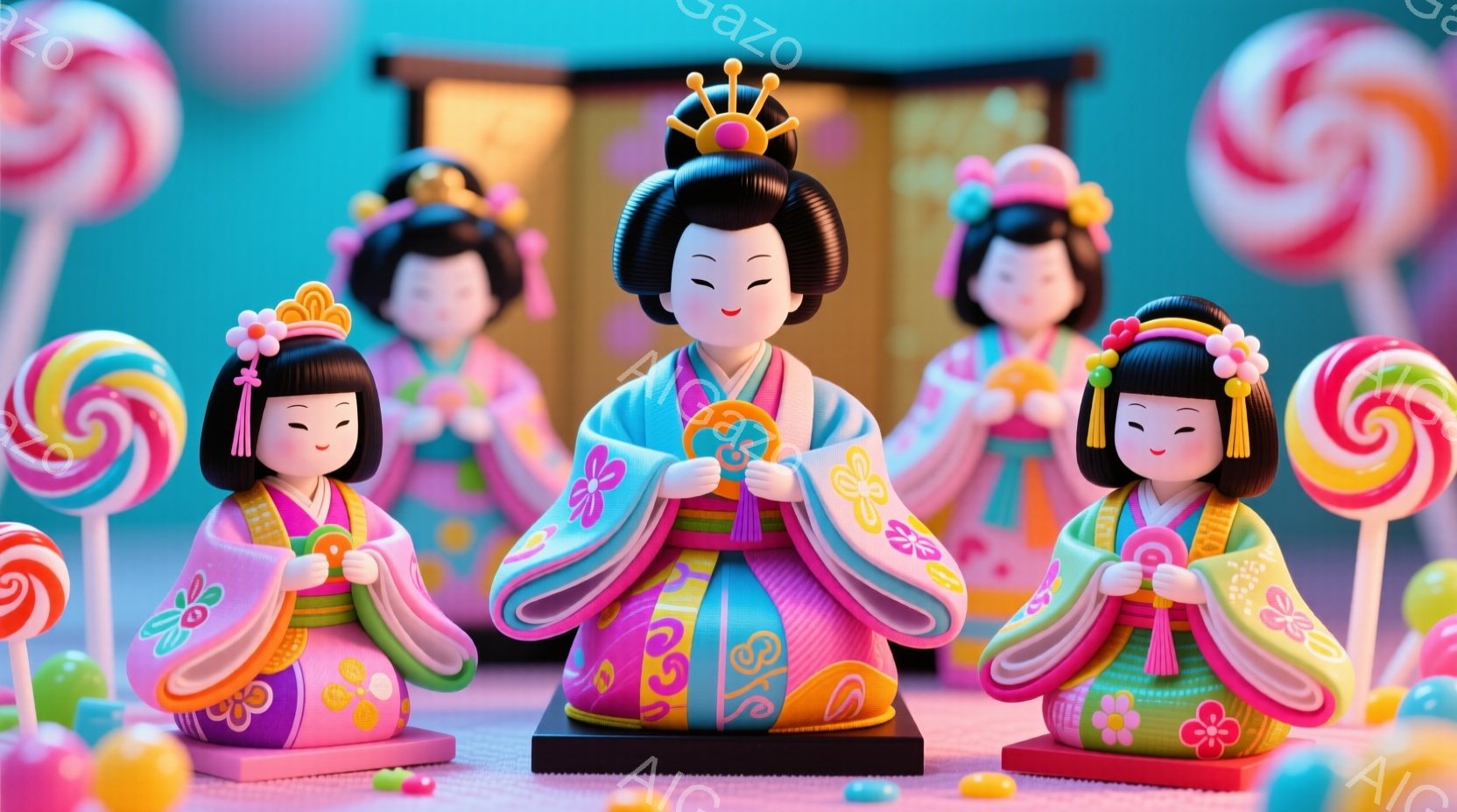 明るいピンク色の背景に、可愛らしい人形たちが並んでいます。人形たちは鮮やかな着物と特徴的な髷の髪型をしており、笑顔で正面を見つめています。背景にはキャンディが散りばめられ、お祭りや楽しい雰囲気を醸し出 - AI生成フリー素材