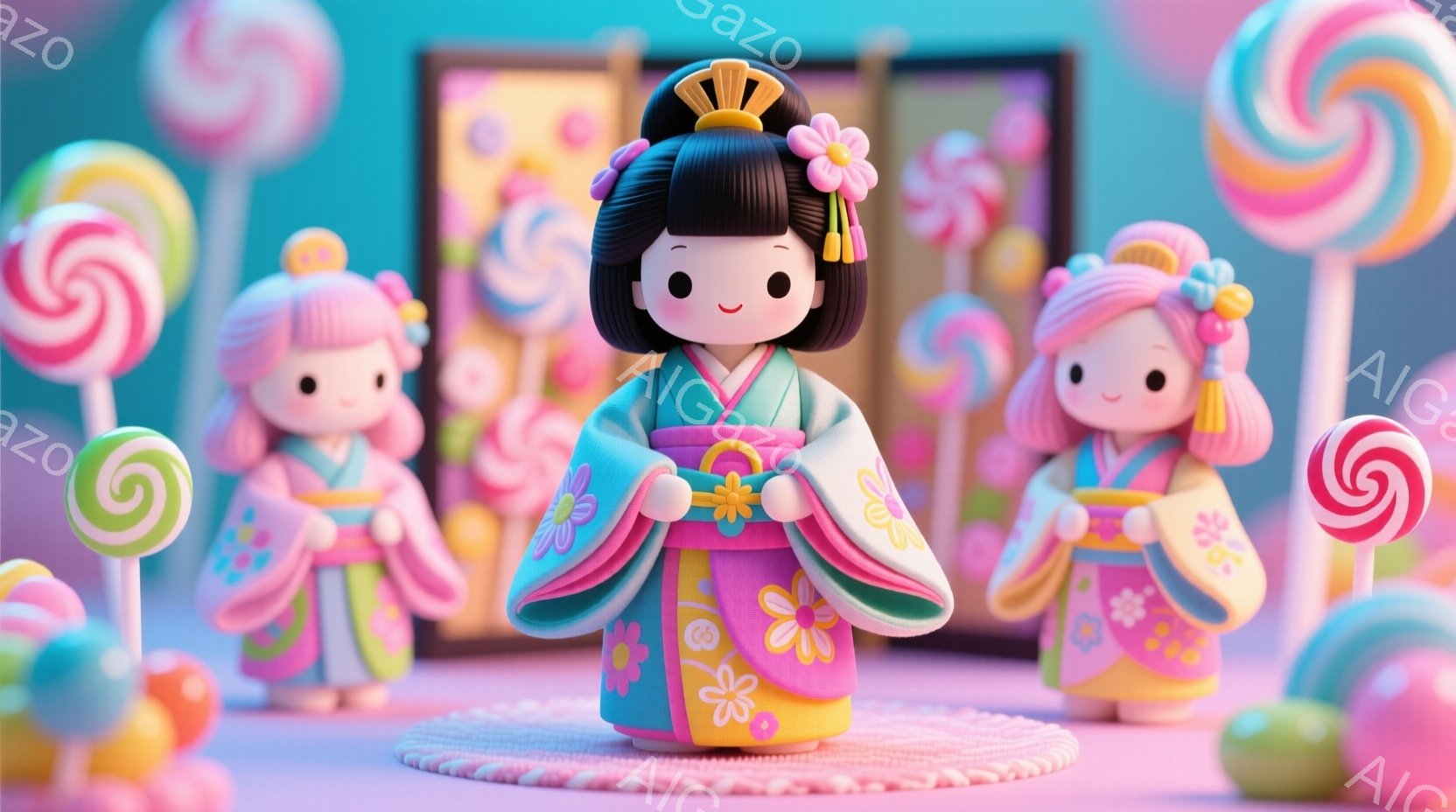 可愛らしい着物を着た女の子たちが、ピンク色の背景にカラフルなキャンディーに囲まれて立っています。彼女たちは皆、黒髪を高く結い上げ、花飾りを付けており、表情は穏やかで微笑んでいます。背景には日本の伝統的 - AI生成フリー素材
