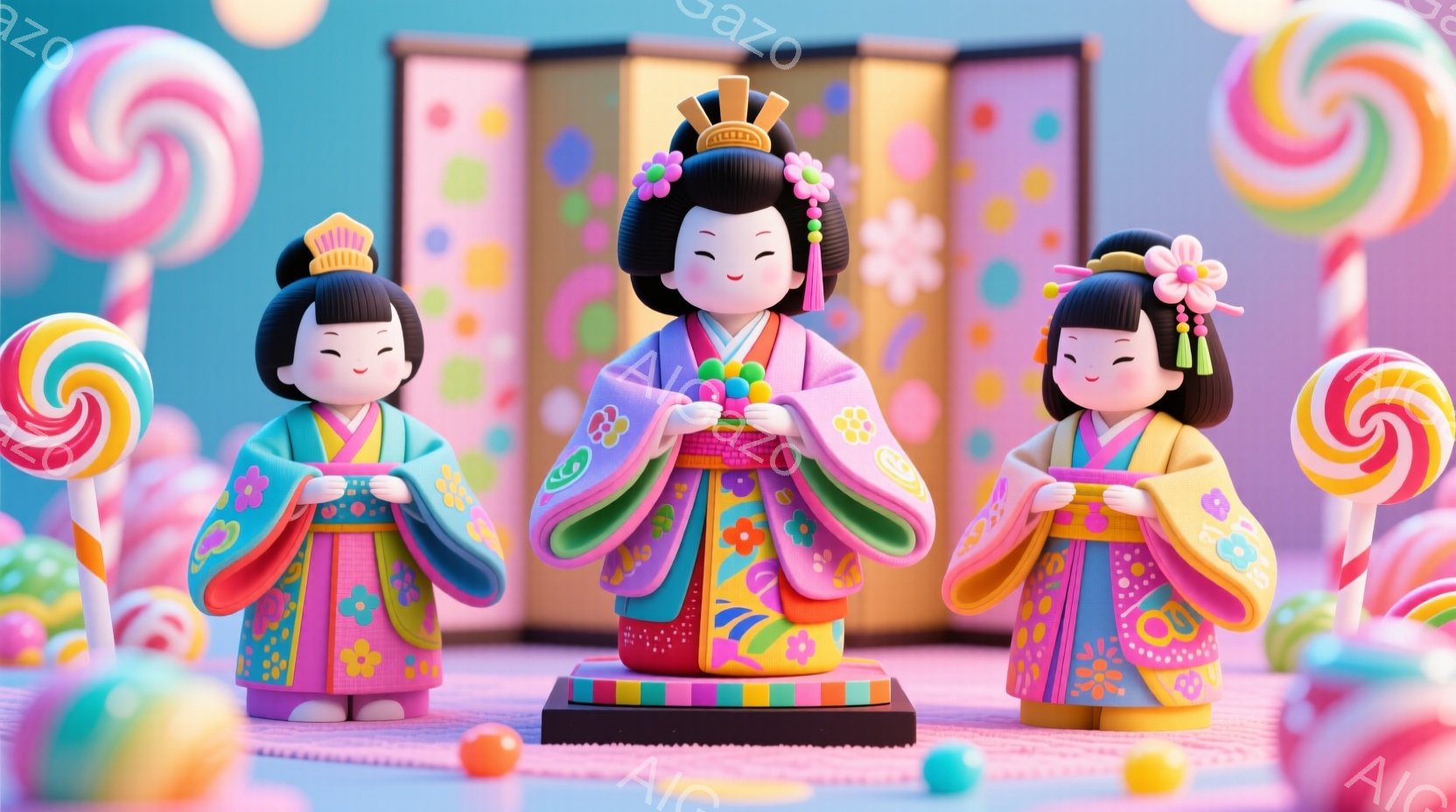 明るい背景の中に、日本の伝統的な着物を着た人形が三体並んでいます。人形たちは鮮やかな緑、ピンク、黄色と紫の着物を身につけ、髪には花飾りと金色の冠をつけ、微笑んでいます。背景にはキャンディーやカラフルな - AI生成フリー素材