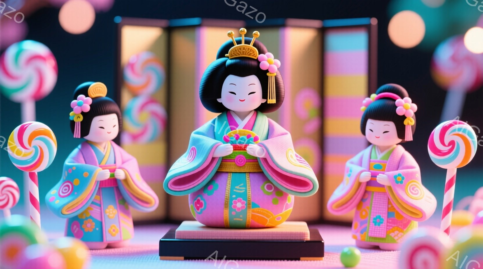 日本の伝統的な着物を着た、丸みを帯びた可愛らしい人形が三体描かれています。人形たちは鮮やかなピンクと水色の着物を身につけ、金色の髪飾りをつけています。背景にはカラフルなキャンディと渦巻く模様があり、全 - AI生成フリー素材