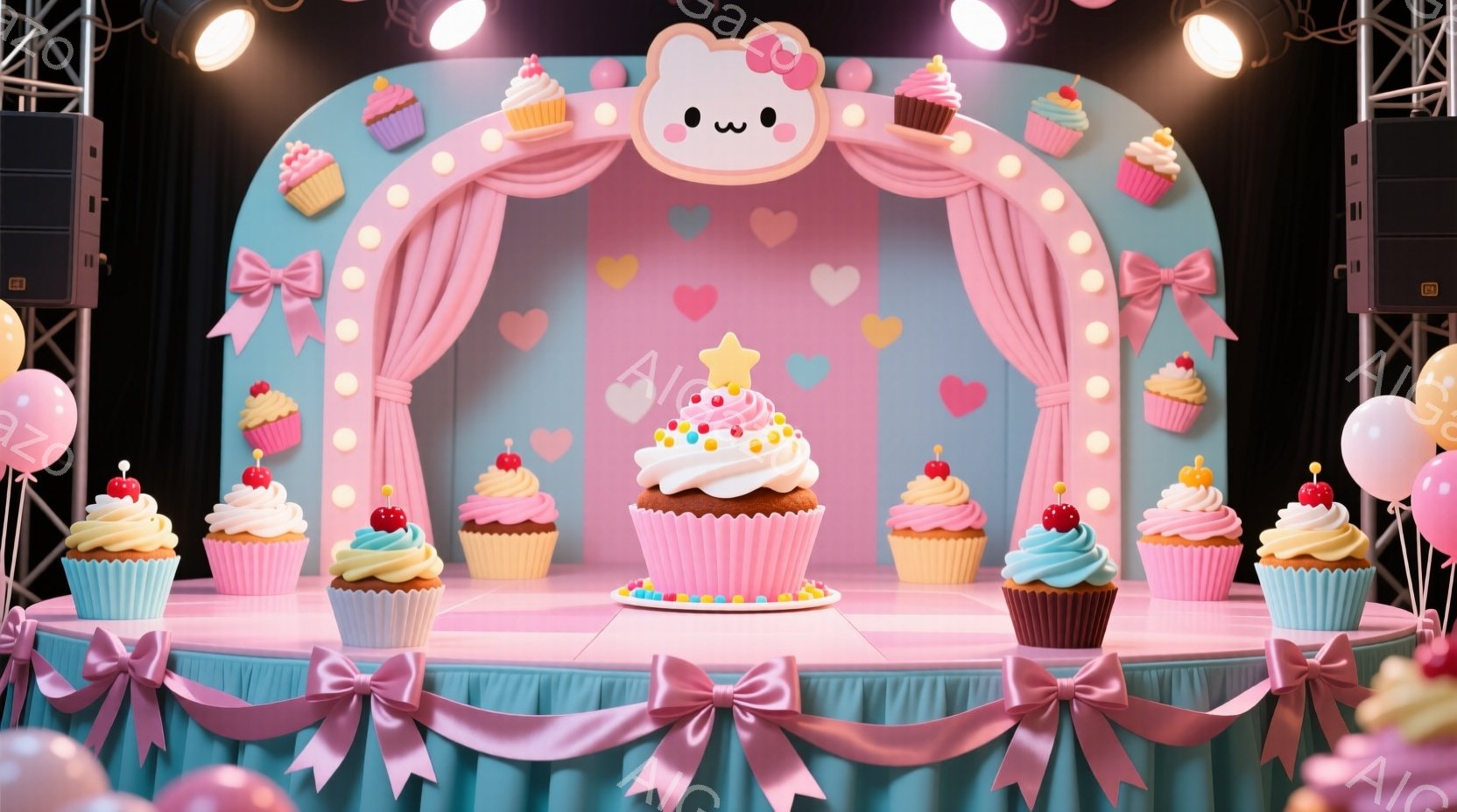 明るいピンクを基調としたステージ上に、カラフルなクリームとトッピングが施されたカップケーキが並べられています。背景には、ピンクのドレープとハート型の装飾が施されており、可愛らしい雰囲気を醸し出しています。ステージの側面に白い風船が配置され、全体的に陽気で甘いお菓子の世界観が表現されています。