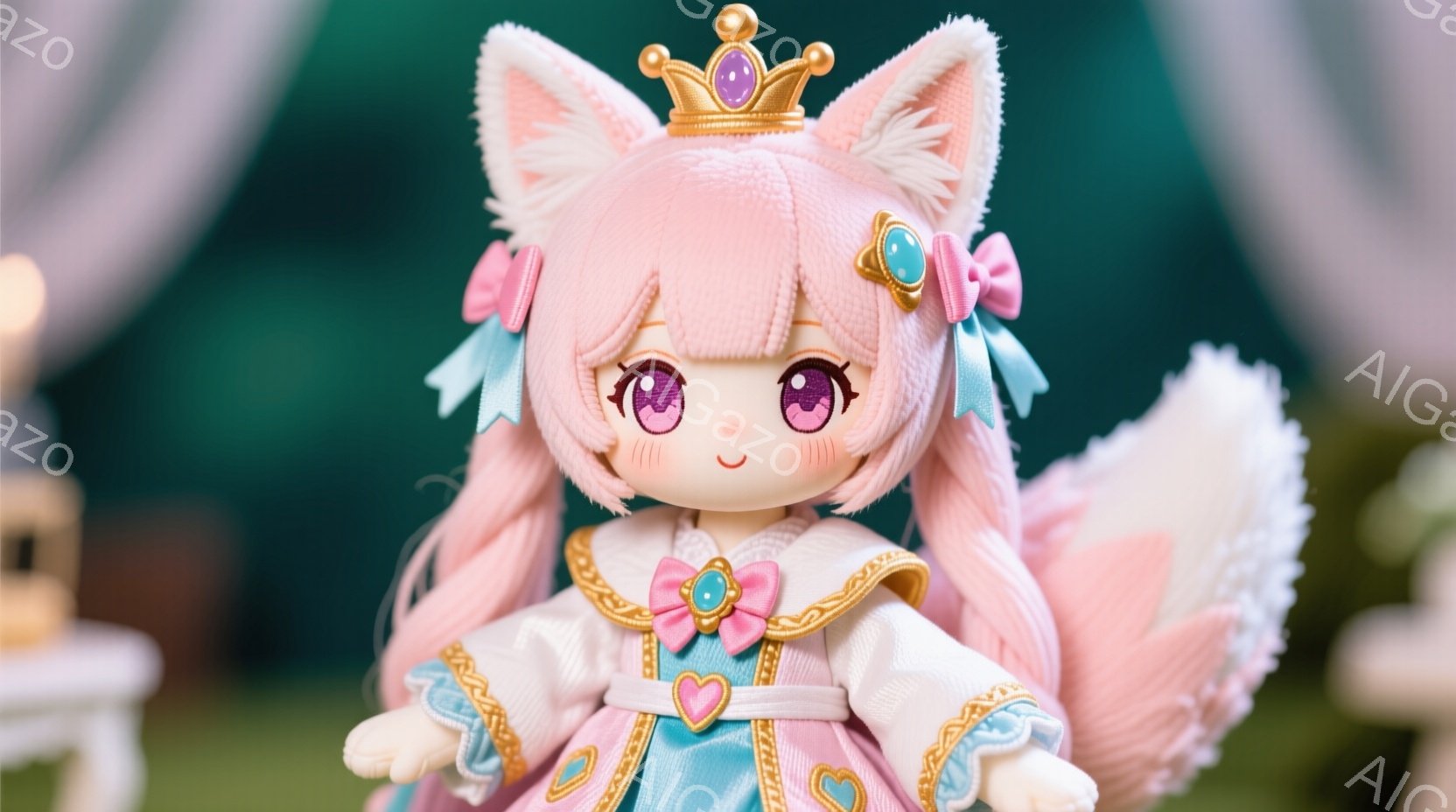 明るいピンク色の長い髪と、フォックスのような耳を持つ愛らしい人形が写っている。彼女は、淡いピンクと水色の組み合わせが美しい豪華なドレスを着ており、首元にはリボンがあしらわれている。背景にはぼやけた緑色の植物と、小さな白い建物が見え、ファンタジーのような穏やかな雰囲気を醸し出している。