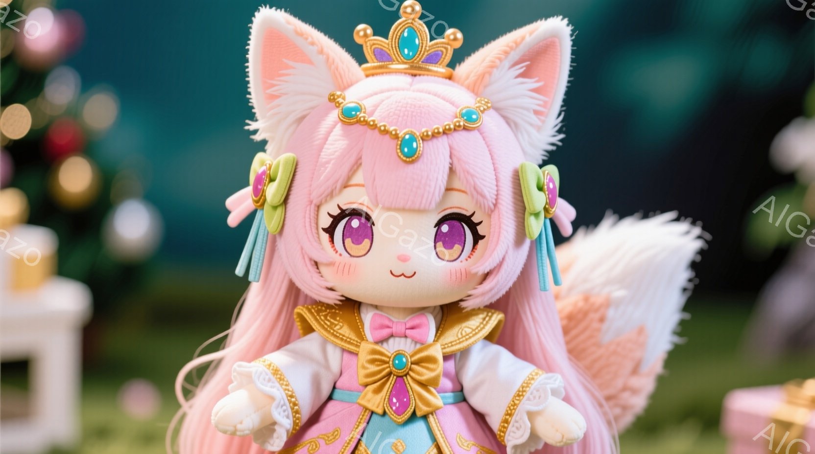 明るいピンク色の髪に、金色の飾りと緑色のリボンをつけた可愛らしいぬいぐるみです。ピンクと金色の豪華なドレスを着ており、顔には優しい微笑みが浮かんでいます。背景にはぼやけた建物と緑の自然が見え、まるでフ - AI生成フリー素材