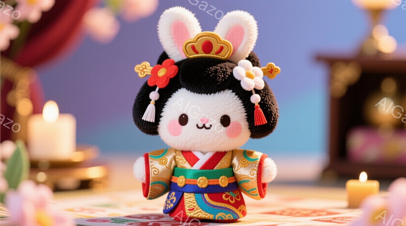 ふわふわの白い毛並みを持つウサギの人形が、日本の伝統的な衣装を着ています。黒い髪飾りと赤い花が施された、姫のような髪型が特徴的で、丸い瞳と微笑みが愛らしい表情をしています。背景には、暖色系の光が灯る祭壇のようなものがぼんやりと見え、全体的に華やかで優しい雰囲気を醸し出しています。