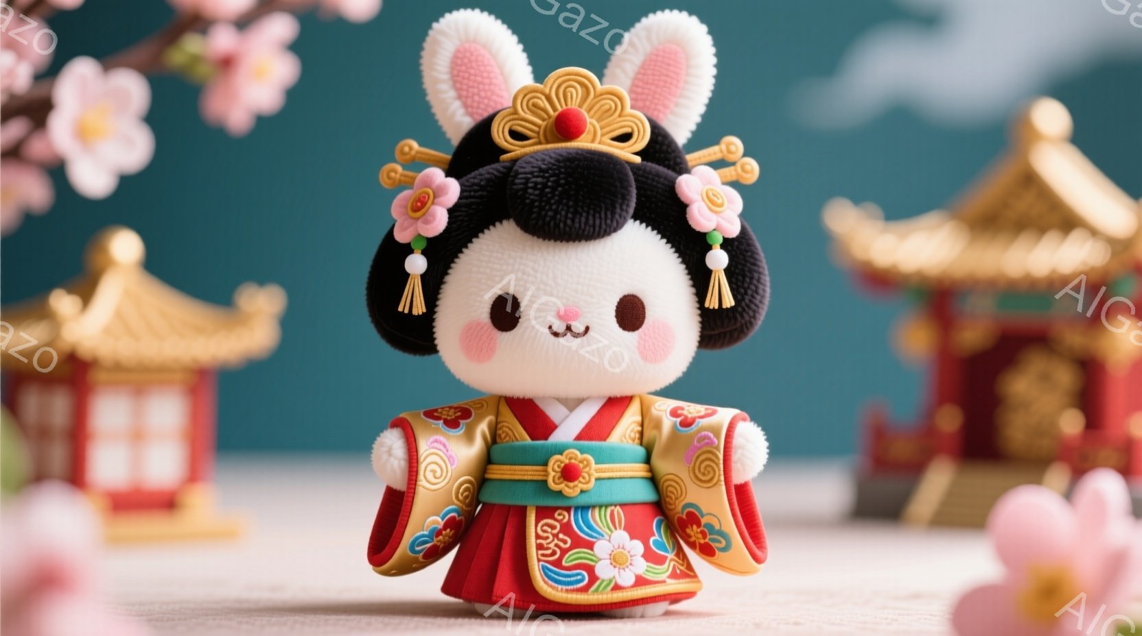 鮮やかな赤色の衣装をまとった可愛らしいウサギの人形が描かれています。人形は黒い髪を高く結い上げ、金色の髪飾りを付けており、まるで日本の伝統的な衣装を着た姫のようです。背景には、ピンク色の桜の花と、中国 - AI生成フリー素材