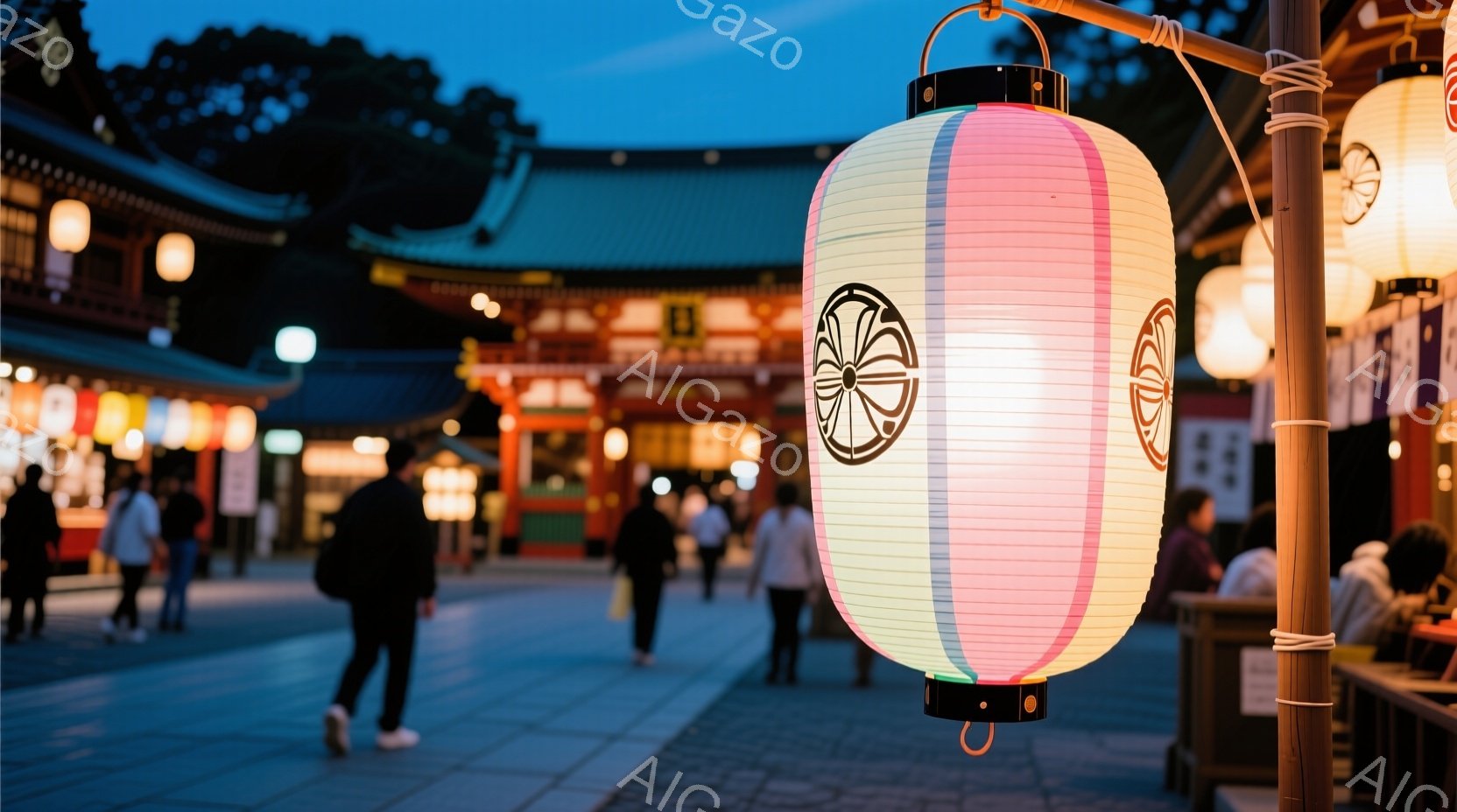 夕暮れ時の浅草寺の境内には、提灯が灯り、参拝客がぼんやりと歩いている。人々はカジュアルな服装で、表情ははっきりと見えないが、ゆったりとした雰囲気で境内を散策しているようだ。背景には、伝統的な寺院建築が広がっており、薄暗い空と提灯の温かい光が、静かで穏やかな雰囲気を醸し出している。