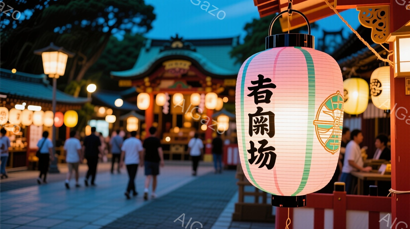 提灯が並ぶ参道を行く人々が写っている。人々はカジュアルな服装で、後ろ姿しか見えないため表情は読み取れないが、リラックスした様子が窺える。背景には朱色の美しい建物がそびえ立ち、夕暮れ時の穏やかな光が全体を包み込み、落ち着いた雰囲気を醸し出している。