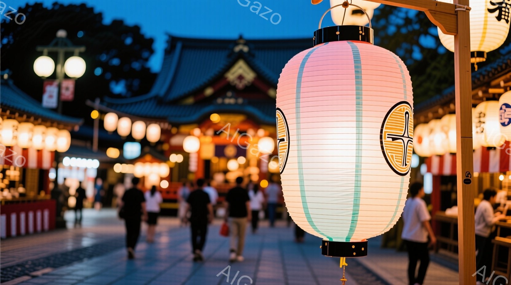 提灯が手前に大きく配置され、ぼんやりとした光が周囲を照らしている。背景には多くの人が歩き、伝統的な建築様式の建物が並び、祭りのような賑やかな雰囲気が漂っている。空は夕暮れ時で、薄暗い青色が広がり、全体 - AI生成フリー素材