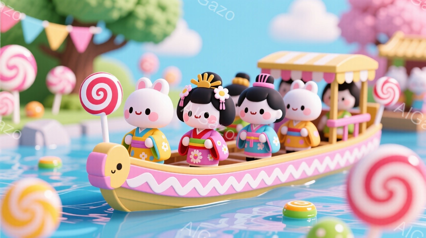 明るいピンク色の小舟に、着物を着た可愛らしいキャラクターたちが乗っています。キャラクターたちはそれぞれ異なる髪型と表情をしており、楽しそうな雰囲気です。背景には、キャンディや桜の木、そして水面に浮かぶ - AI生成フリー素材
