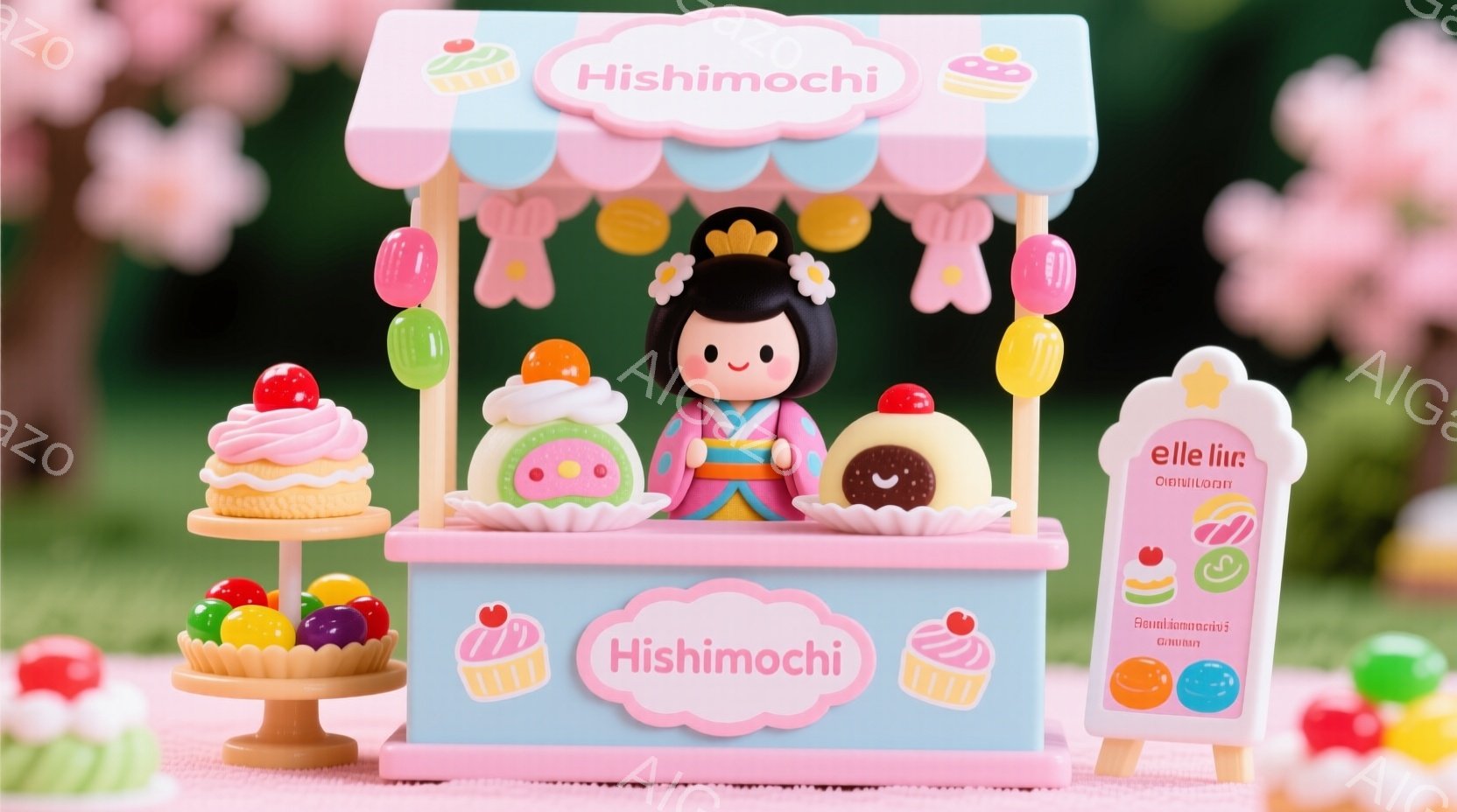 可愛らしい女性が、ピンクとクリーム色の屋台で何かを販売している様子が描かれています。彼女は黒髪で、伝統的な着物を着ており、笑顔は見えませんが、温和な雰囲気です。屋台にはカラフルなキャンディーや可愛らしいケーキが並び、背景にはぼやけた花が咲き、夢のような甘い世界観を表現しています。
