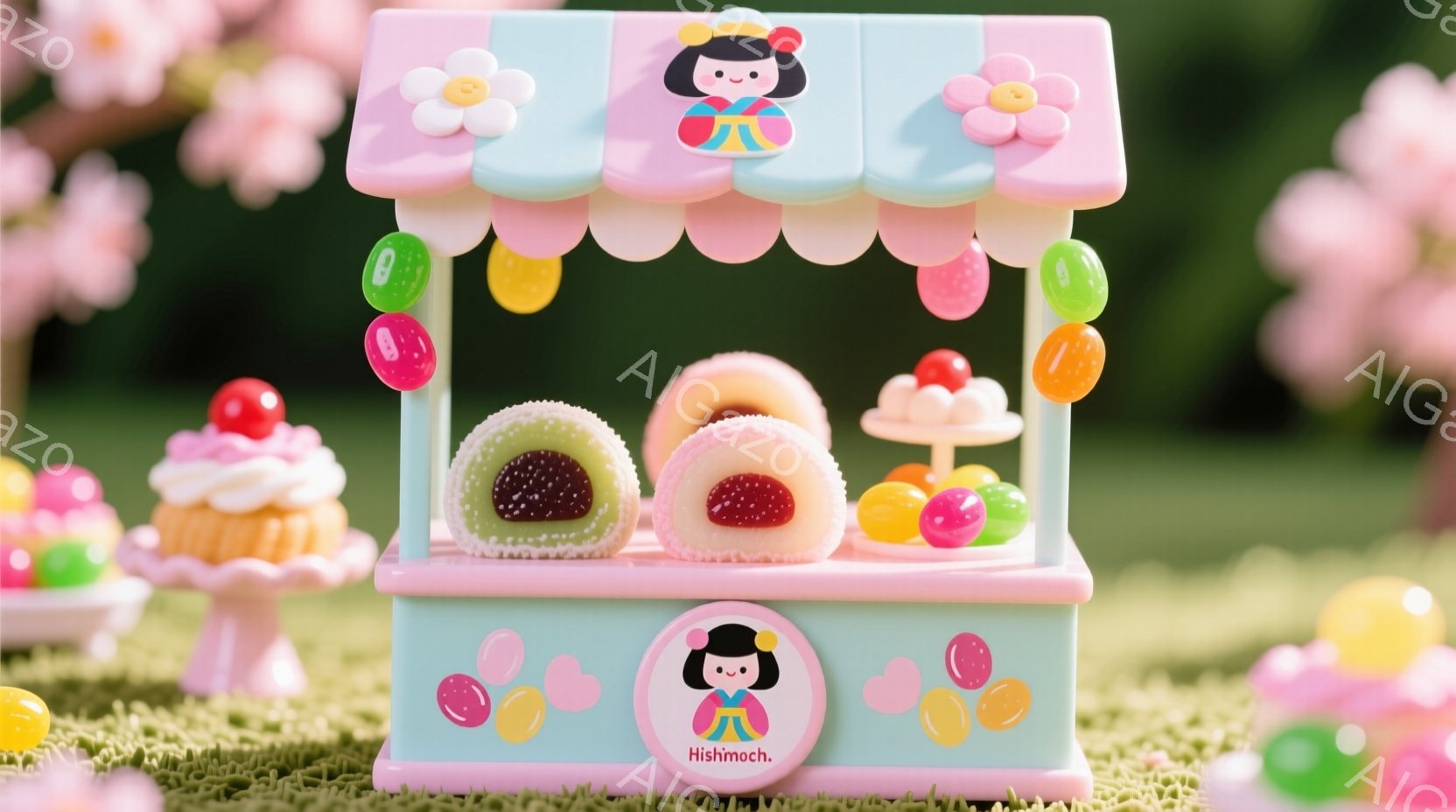 おもちろまんの屋台を模したプラモデルで、ペーストとコップが用意されている。人形は着物を着て、優美な態度を示しており、背景には花が楽しめる屋台があることから、おもちろまんの屋台を楽しむ雰囲気が表現されている。