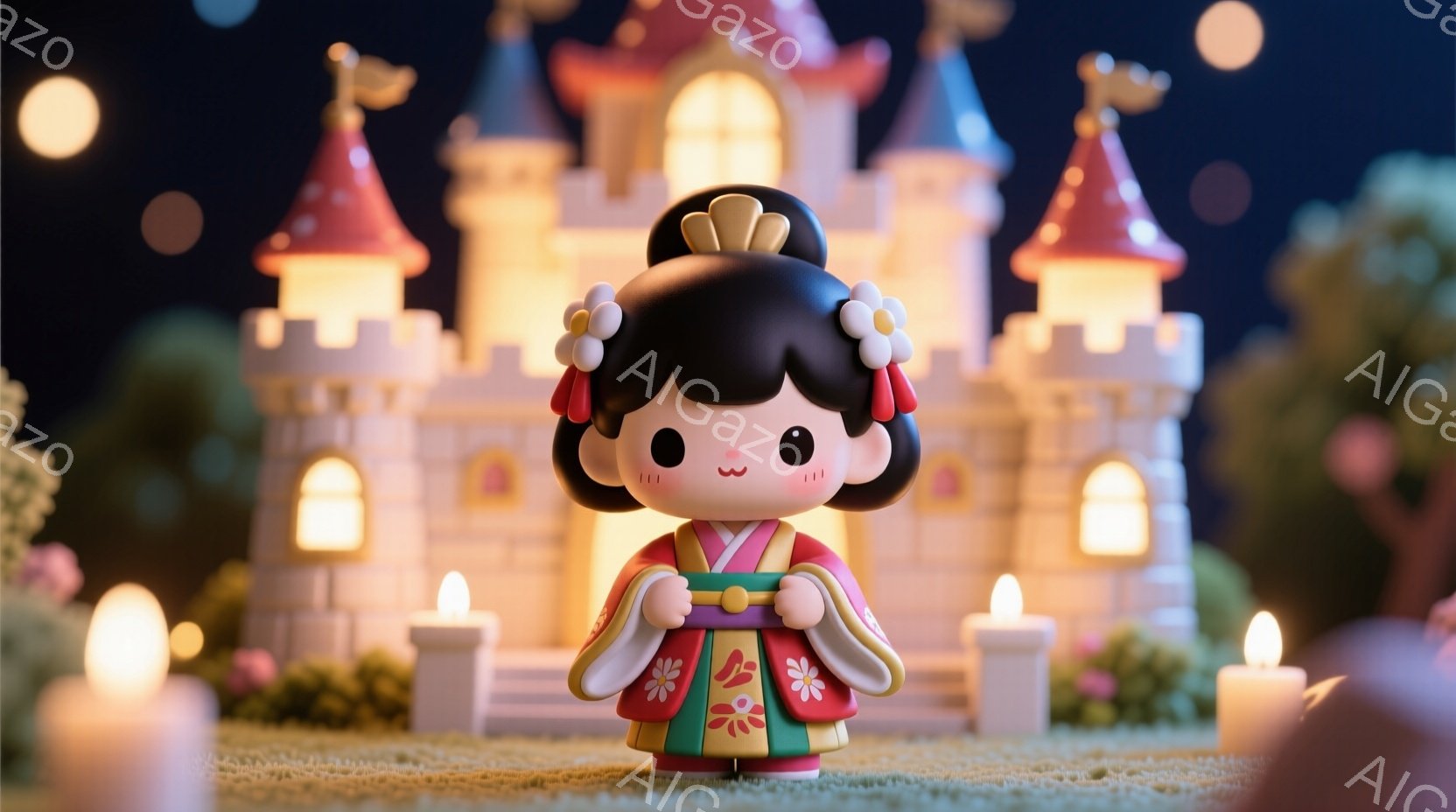 可愛らしい少女が、日本の伝統的な衣装を着て立っています。黒い髪は結い上げられ、髪飾りをつけています。背景には、ライトアップされたお城と、キャンドルの光が幻想的な雰囲気を醸し出しています。 - AI生成フリー素材