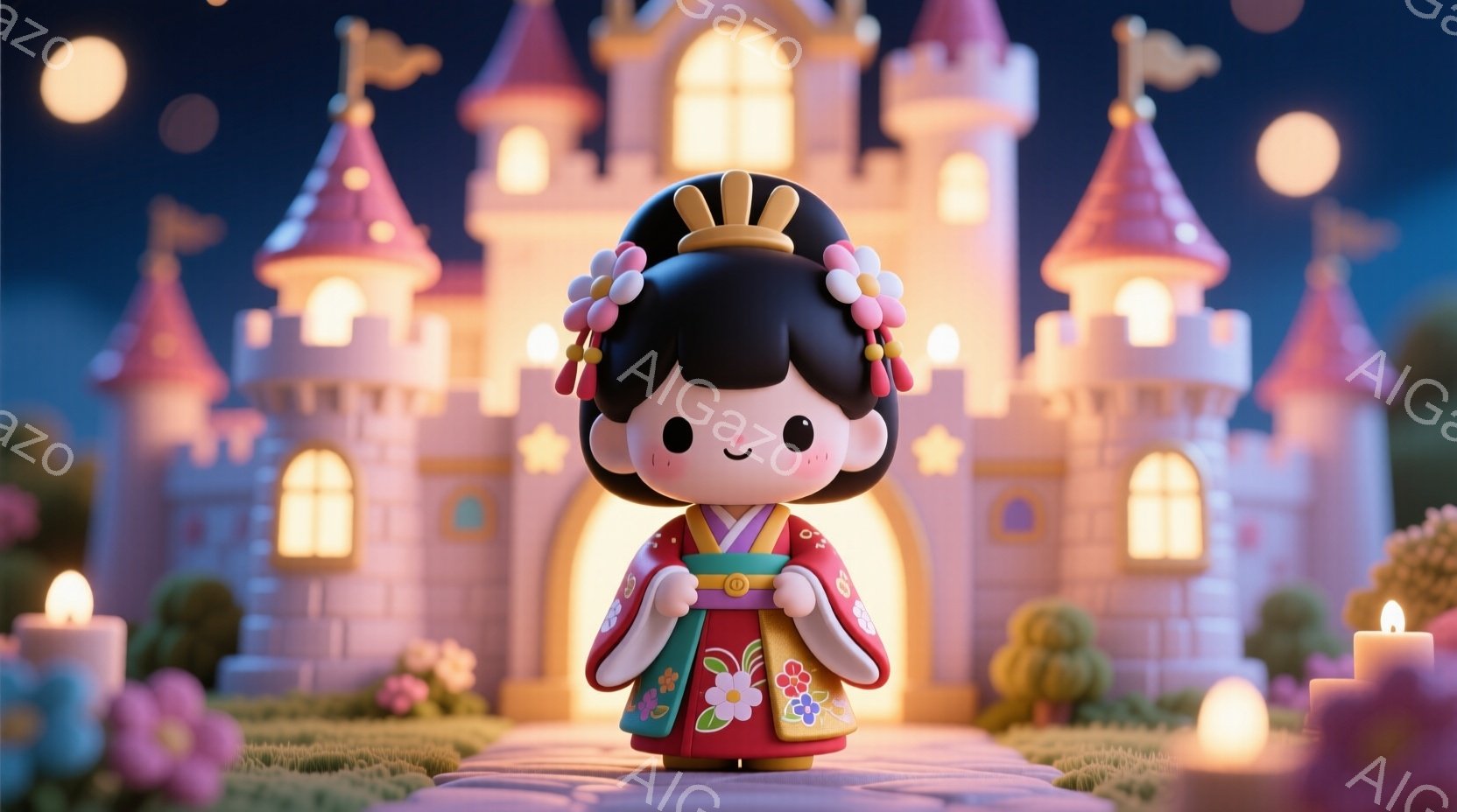 赤い着物を着たかわいらしい女の子が描かれています。彼女は髪を高く結い、花飾りをつけており、穏やかな笑顔を浮かべています。背景には、お城と点在するキャンドル、そして夜空が広がっており、全体的に暖かく幻想的な雰囲気を醸し出しています。