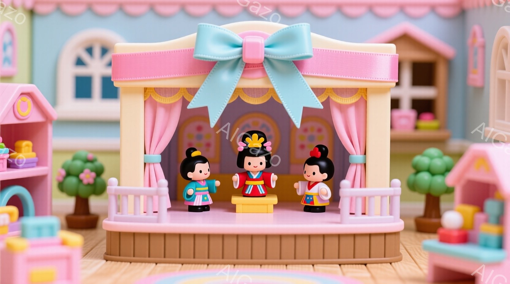 鮮やかなピンクと水色の建物が並び、その中央に舞台セットがあります。舞台の上には、日本の伝統的な衣装を着た３人の人形が立っており、赤い髪飾りと白い顔立ちが特徴的です。背景には緑の植木が置かれ、全体的に可 - AI生成フリー素材