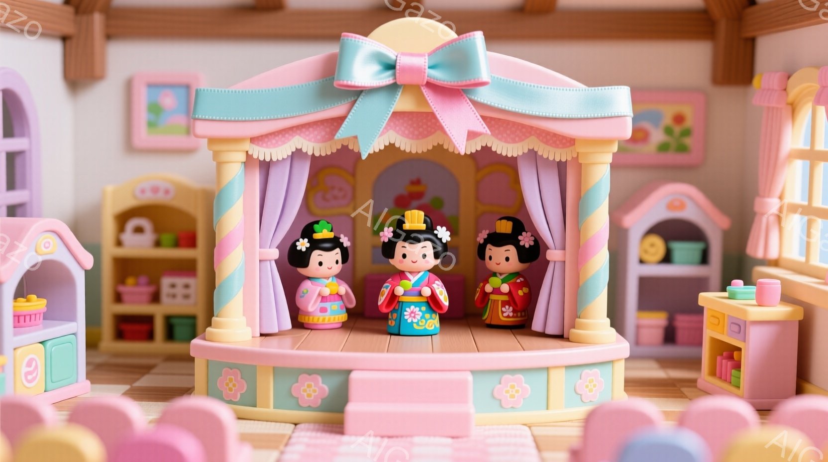 明るいピンクとパステルカラーを基調とした、おもちゃのような可愛らしい室内が描かれています。中央には、同じ衣装を着た三人の人形が、舞台のような場所で整列しており、黒髪に花飾りをつけ、微笑んでいます。背景には、小さなお家や家具、棚などが配置され、全体的に夢のような、温かい雰囲気が漂っています。