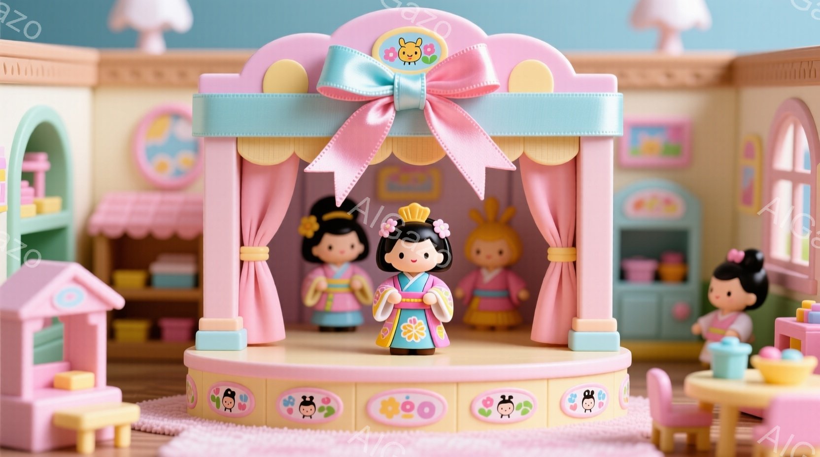 ピンクを基調としたおもちゃのような世界で、着物姿の女性がステージ中央で静止している。彼女は黒髪を後ろでまとめ、金色の髪飾りをつけている。背景には可愛らしい建物や家具があり、全体的に夢可愛く、優しい雰囲気が漂っている。