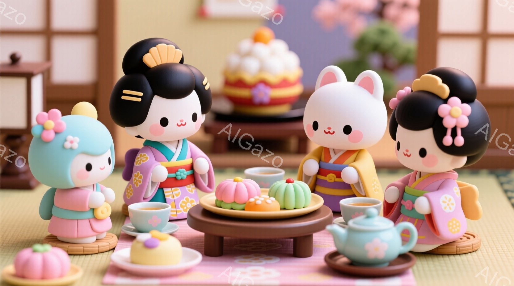 可愛らしい人形たちが、日本の伝統的な衣装である着物を身につけています。茶色の髪を三つ編みにし、頭には花飾りを付けています。彼らは低いテーブルを囲んで座り、お茶と和菓子を楽しんでいるようで、温かく穏やかな雰囲気が漂っています。