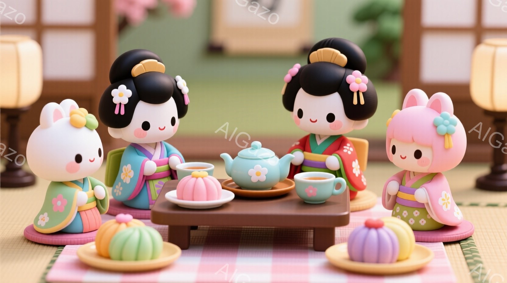 可愛らしい着物を着た女性たちが、小さなテーブルを囲んでお茶会を楽しんでいる様子が描かれています。彼女たちは全員、黒い髪を高く結い、頭に飾りを付けており、笑顔でリラックスした表情をしています。畳の上に敷かれたピンクと白のチェック柄のテーブルクロスと、可愛らしいお菓子やティーセットが、温かく優しい雰囲気を醸し出しています。