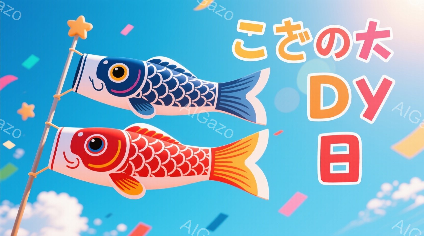 青い空を背景に、二匹の大きな鯉の形をした凧が描かれています。凧は赤と黒の模様で、鮮やかなオレンジ色の尾びれを持っています。凧の周りには、カラフルな紙吹雪や雲が浮かび、子供の日のお祝いを連想させる、明るくお祭り気分な雰囲気です。
