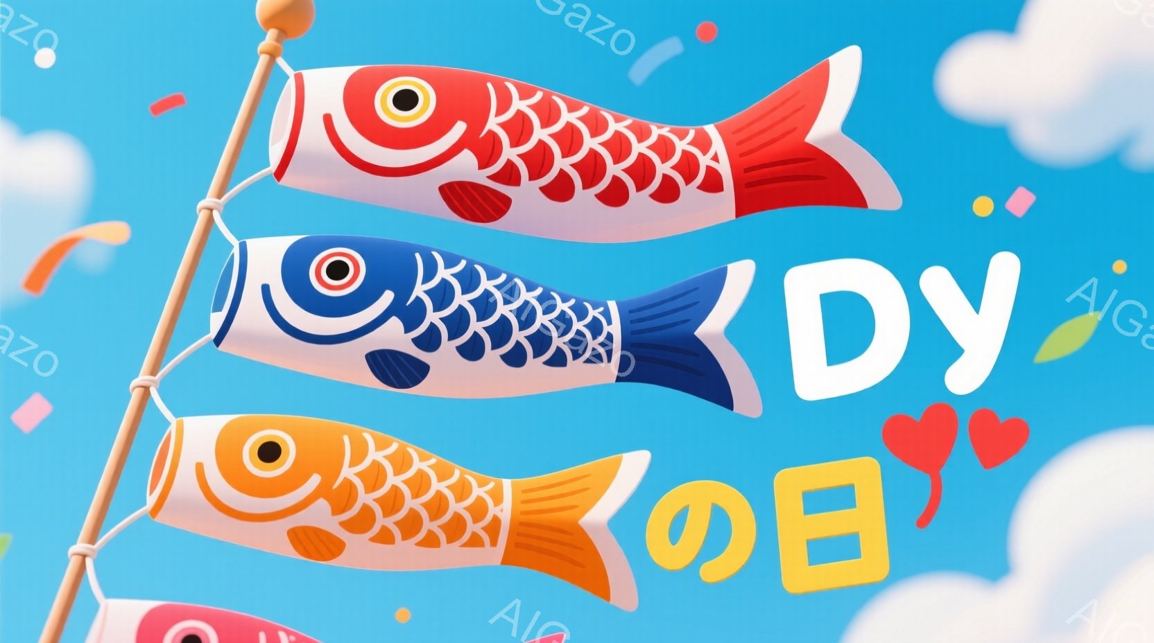 空には鯉のぼりが数多く飾られており、赤、青、オレンジなど様々な色が目に飛び込んできます。背景は晴れた青空で、小さな雲とカラフルな紙吹雪が点在し、子供の日のお祝いムードを盛り上げています。鯉のぼりは風に - AI生成フリー素材