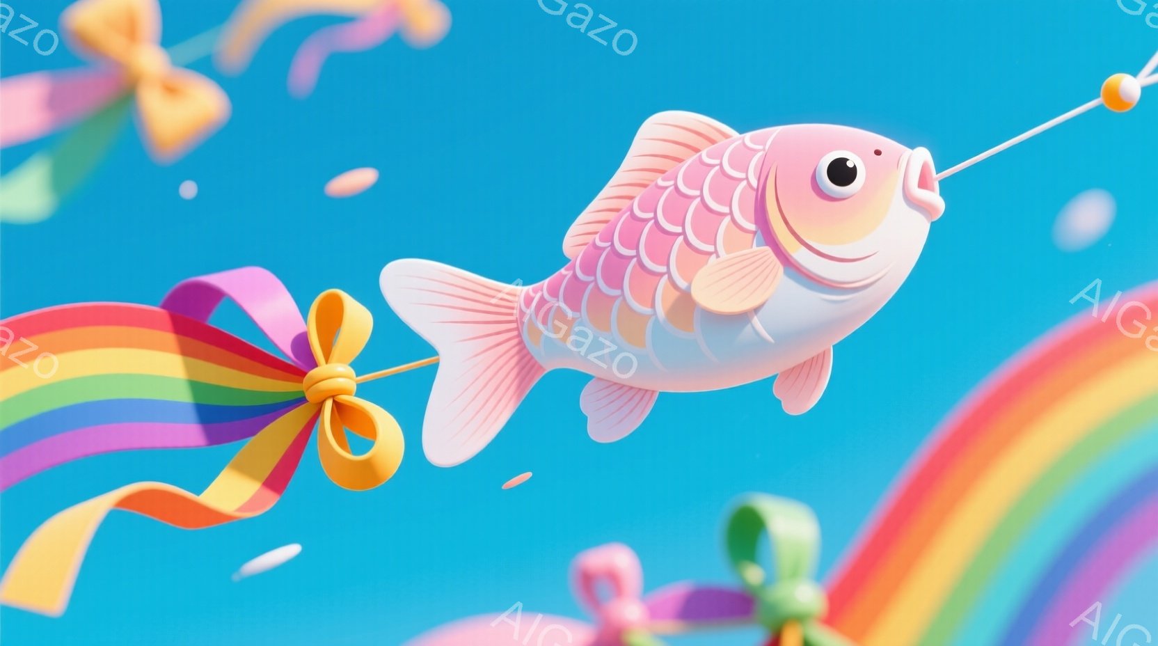鮮やかな水色の背景に、ピンク色の可愛らしい鯛が描かれています。鯛はリボンで結ばれた虹色のテープが引き伸ばされ、まるで空を泳いでいるかのような姿です。全体的に明るく、遊び心のある、お祝いのような雰囲気を醸し出しています。