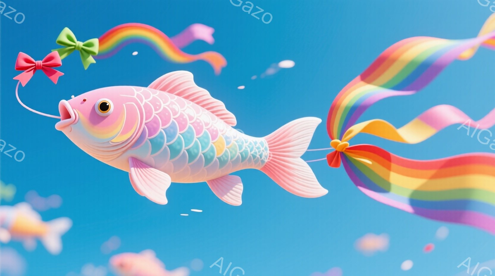 ピンク色の可愛らしい鯛が、虹色のリボンを引きずりながら空を泳いでいる様子が描かれています。背景は鮮やかな青空で、淡いピンク色の雲が浮かび、幻想的な雰囲気を醸し出しています。鯛は愛らしい表情で、全体的に柔らかく温かい印象を与えます。