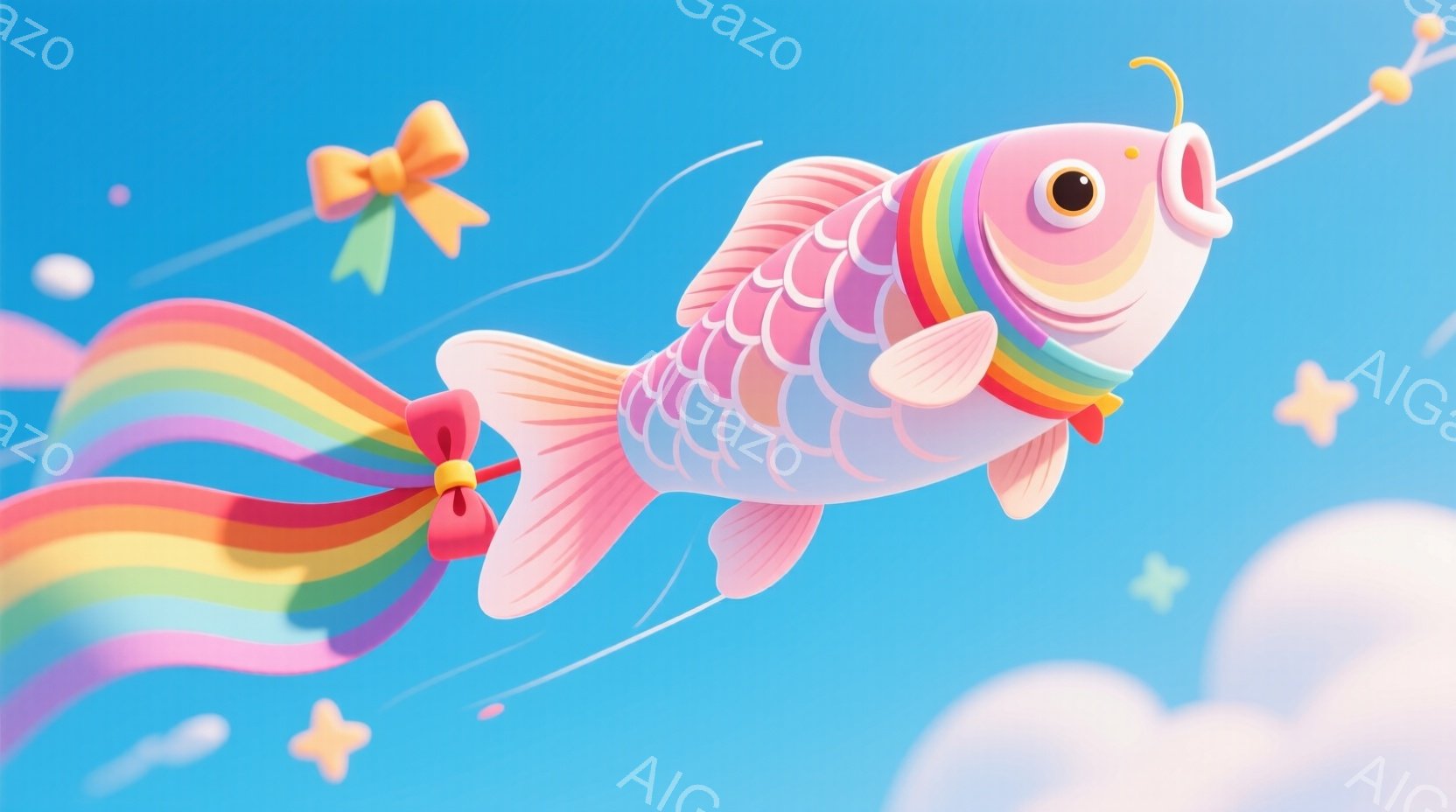 空を飛ぶ可愛らしいピンク色の鯛が描かれています。虹色の帯が尾びれから伸び、リボンで飾られています。背景は青空とふわふわとした雲で、全体的に夢のような、明るく楽しい雰囲気が漂っています。 - AI生成フリー素材