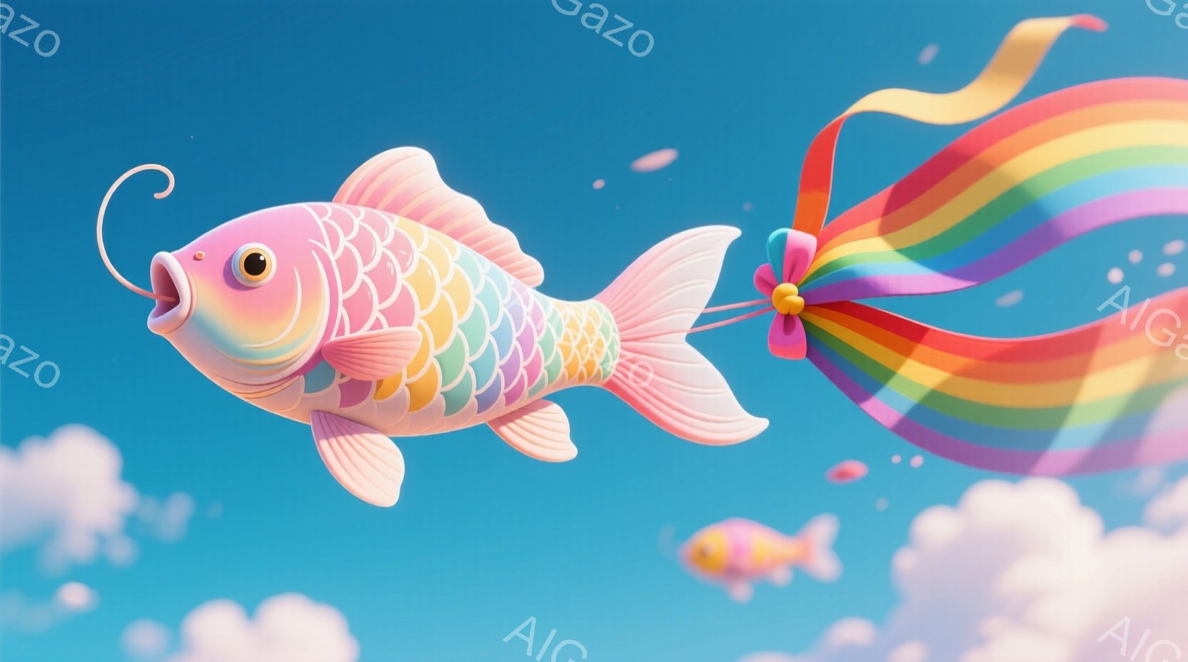 鮮やかな青空を背景に、ピンク色の可愛らしい鯉が描かれています。その体には虹色の模様が施され、尾ひれには色とりどりのリボンが結ばれています。背景には雲が浮かび、別の小さな鯉も描かれており、全体的に明るく幻想的な雰囲気です。