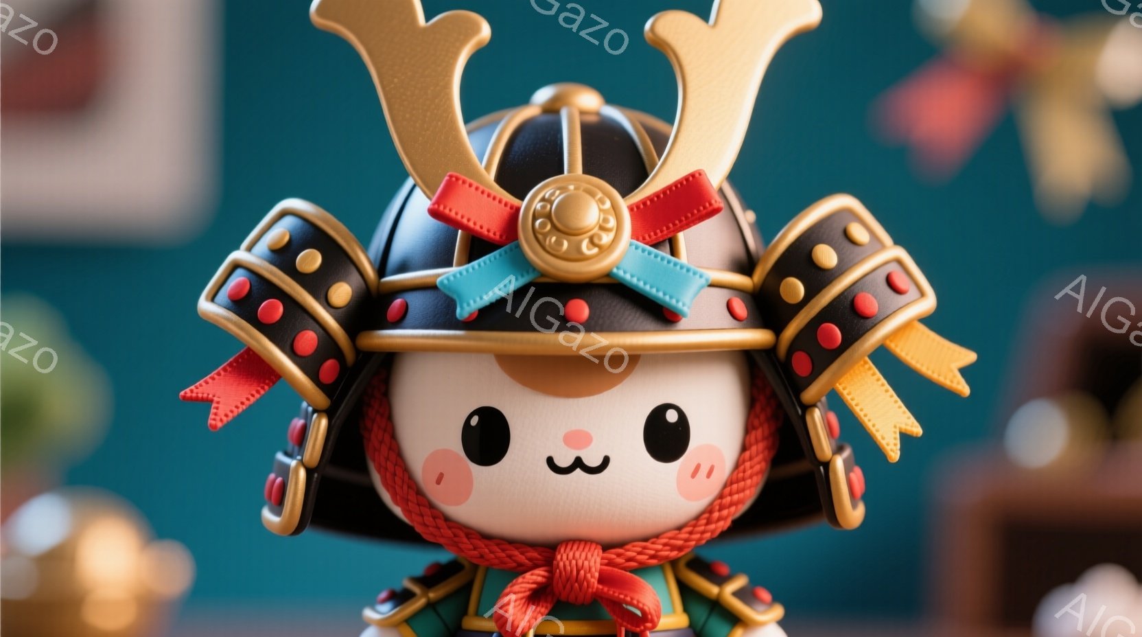 これは可愛らしい侍の兜をかぶったキャラクターのクローズアップ画像です。丸い顔には可愛らしい笑顔と赤い頬があり、黒い兜は金色の装飾と、特徴的な角で飾られています。背景には、ぼやけた緑色の壁と、日本の伝統的な装飾が施された家具が見え、全体的に暖かく、遊び心のある雰囲気が漂っています。