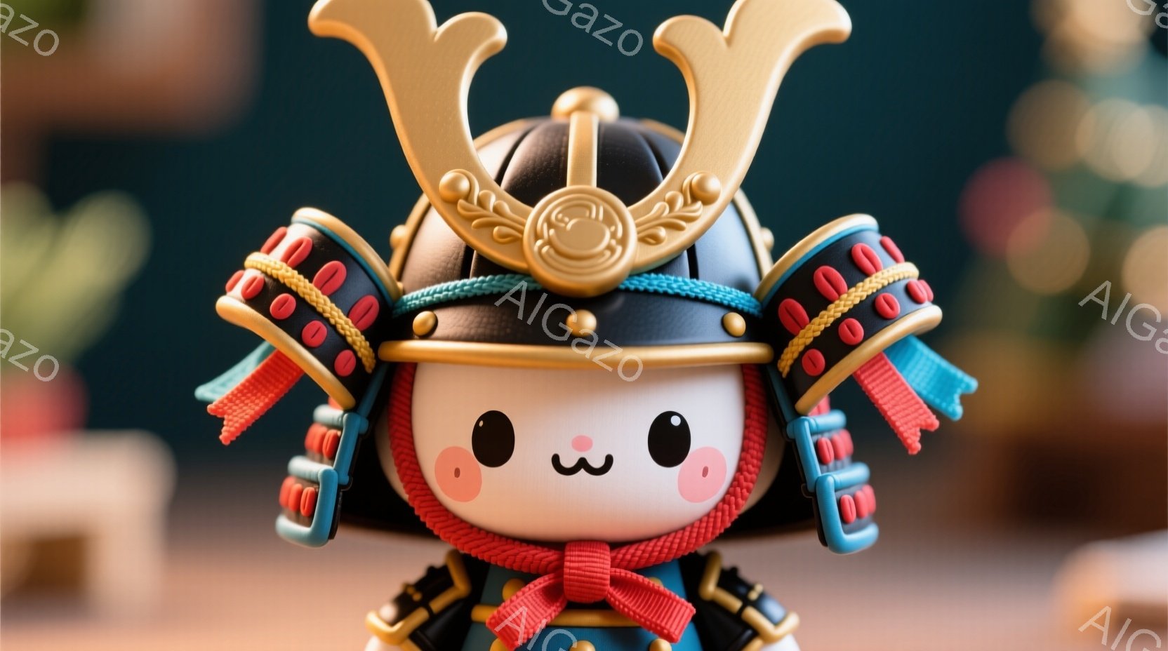 これは可愛らしい武者人形のようなキャラクターで、鮮やかな赤い紐飾りと金色の兜を身につけています。丸い顔には可愛らしい笑顔が描かれており、大きな瞳が印象的です。背景にはぼやけた緑と茶色の色合いがあり、おもちゃやコレクションアイテムのような雰囲気です。