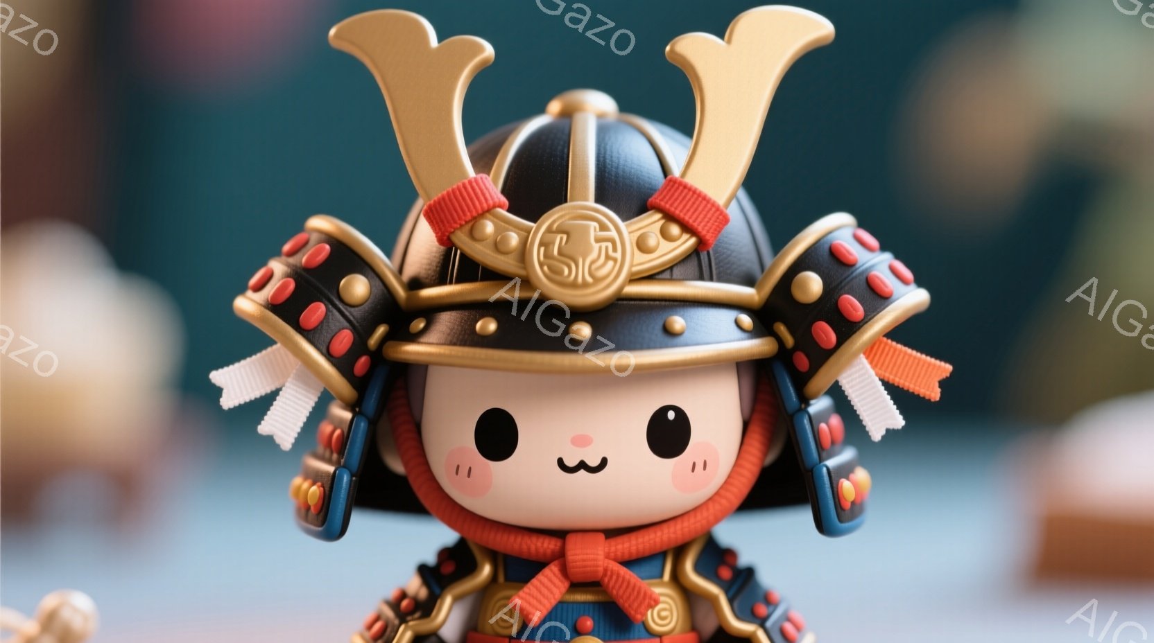 これは可愛らしい武士の兜を被ったキャラクターです。つぶらな瞳と微笑んだ口元が特徴で、頬には赤色の丸いリンゴのような色が付いています。背景はぼやけていますが、緑色の壁と何かの置物がわずかに見えます。