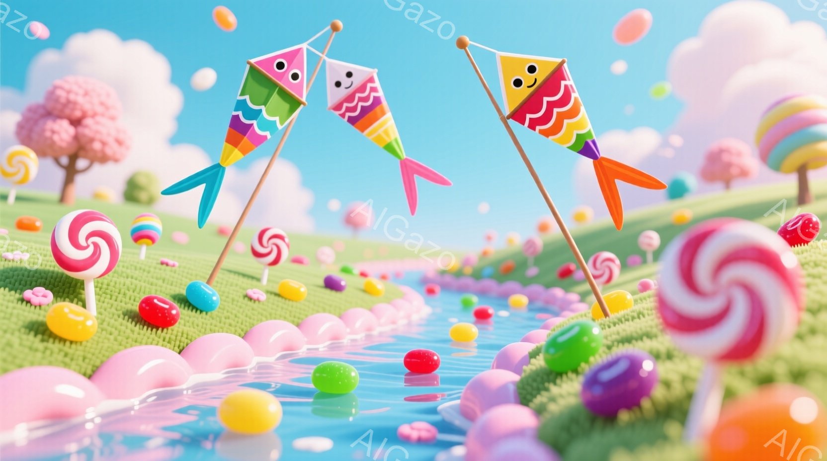広々とした緑の草原に、カラフルなキャンディやグミが散らばっており、小さな川がその中を流れています。空にはふわふわとした雲が浮かび、遠くには綿菓子のようなピンク色の木々が見えます。全体的に明るく、お祭りや夢のような、楽しい雰囲気が漂っています。