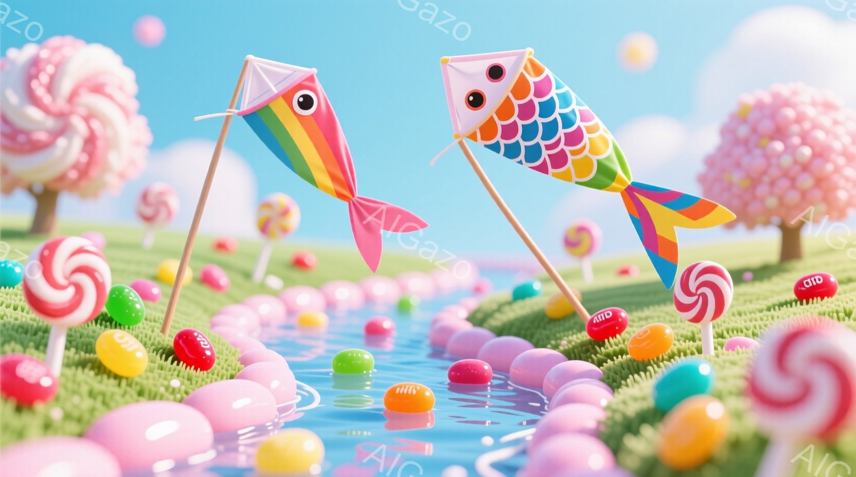 カラフルなキャンディとカラフルな鯉の形をした凧が、緑の芝生と流れのある川の風景の中にあります。キャンディは地面に散らばり、凧は地面に立っており、背景にはキャンディでできた木が点在しています。全体的に、甘くて夢のような、明るく楽しい雰囲気が漂っています。