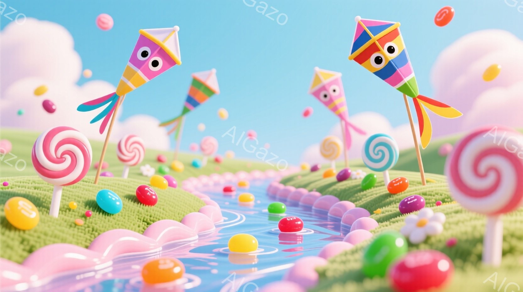 お菓子の国のような夢のような風景を描いています。緑の丘陵地帯に、カラフルなキャンディーやジェリービーンズが散りばめられ、小川が流れています。空には、愛らしい顔をした凧が浮かび、綿菓子のような雲が浮かんでいます。