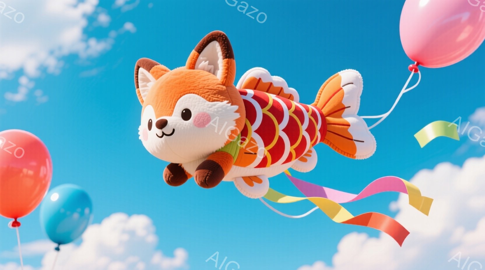 空には、可愛らしい鯉の形をしたふわふわのぬいぐるみと、ピンクと水色の風船が浮かんでいます。鯉のぬいぐるみはオレンジ色と白の模様で、愛らしい表情をしています。背景は澄み切った青空と白い雲で、全体的に暖か - AI生成フリー素材